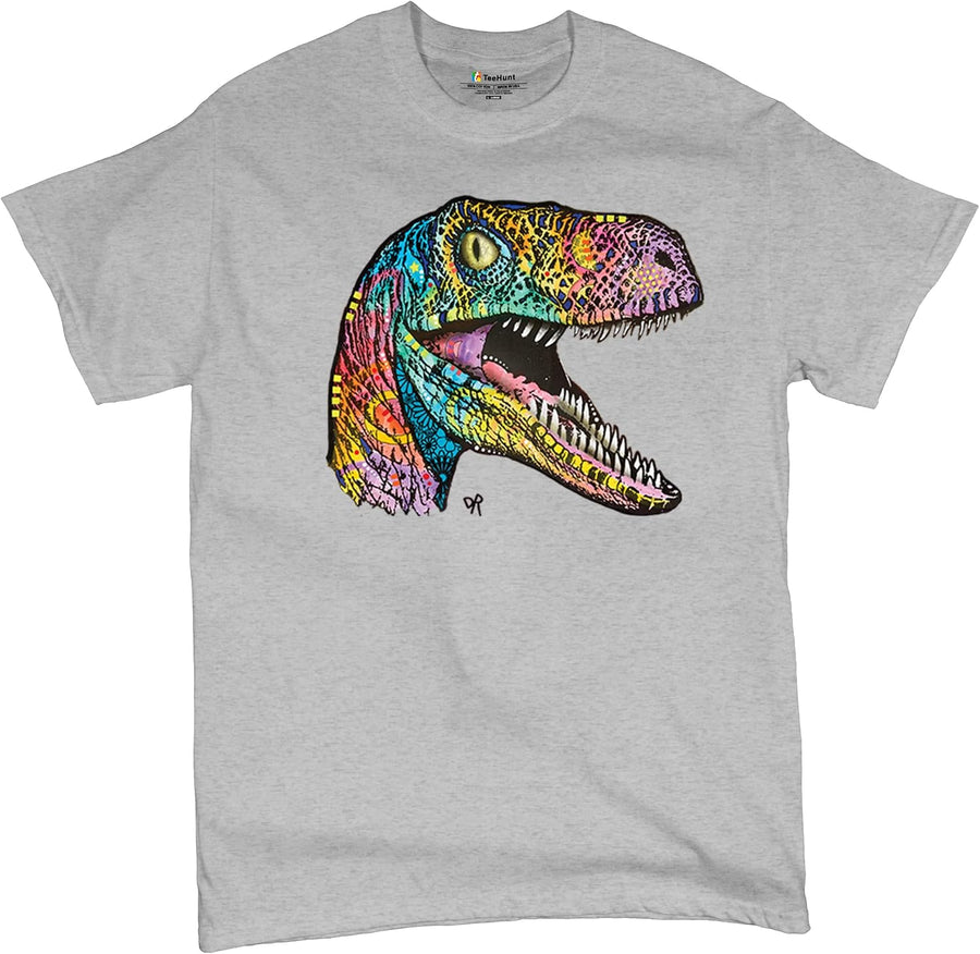 Colorful Raptor T-Shirt Dean Russo Neon Dinosaur Pattern Men's Tee - Gray