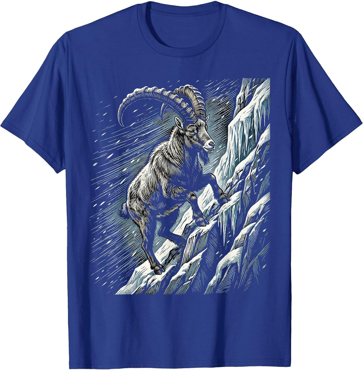 Mountain Goat Blizzard Icy Cliff Climbing Design T-Shirt - Royal Blue