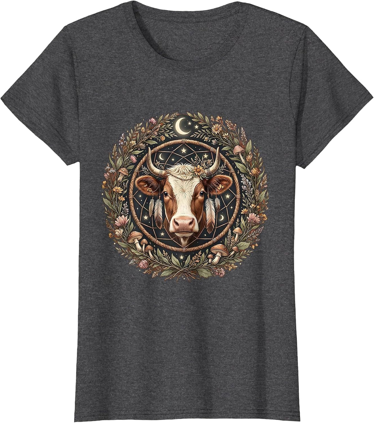 Women's Boho Cow Feathers and Dreamcatcher Graphic T-Shirt - Dark Heather Grey