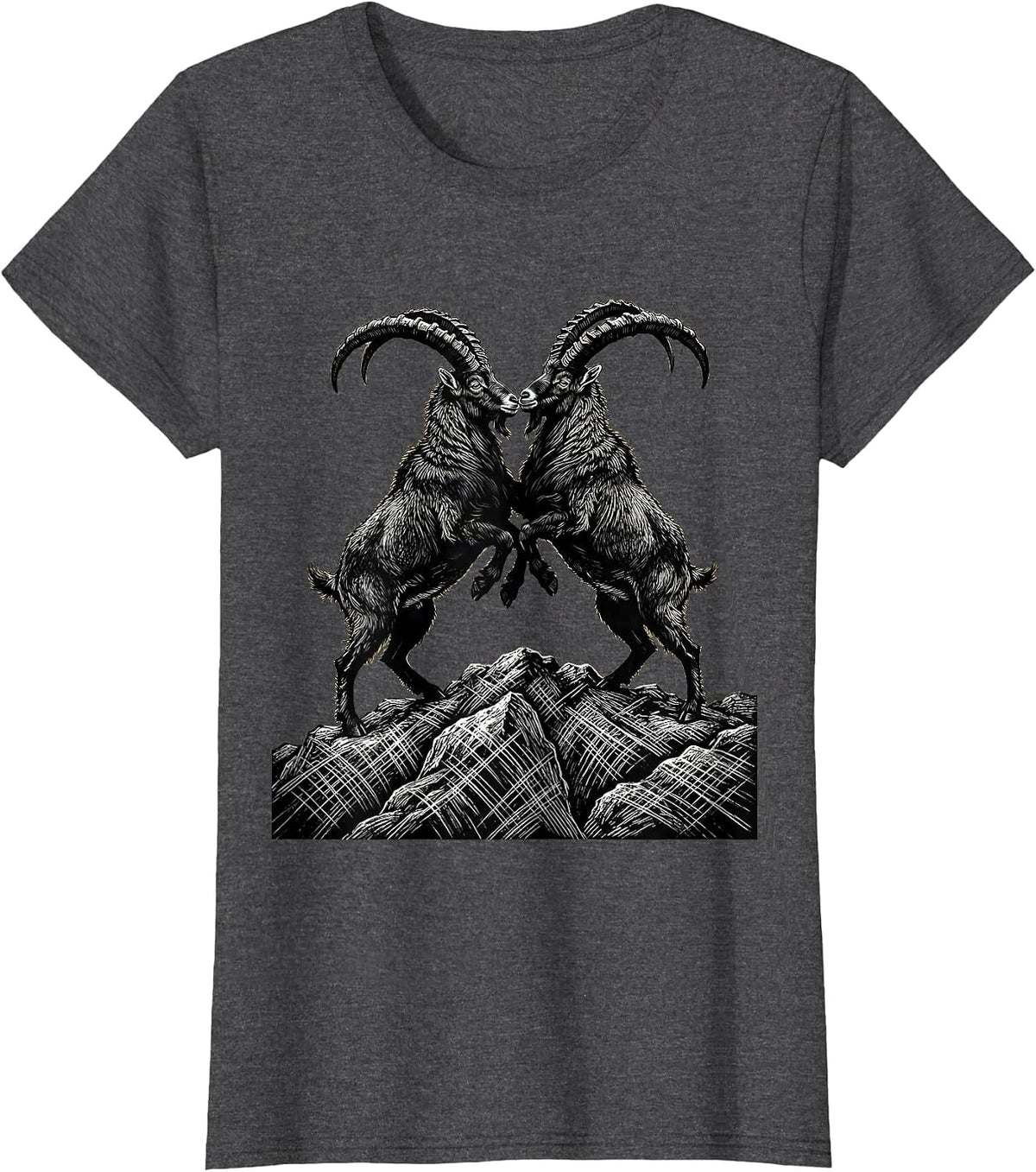 Women's Two Goats Locking Horns on a Hilltop Graphic T-Shirt - Dark Heather Grey