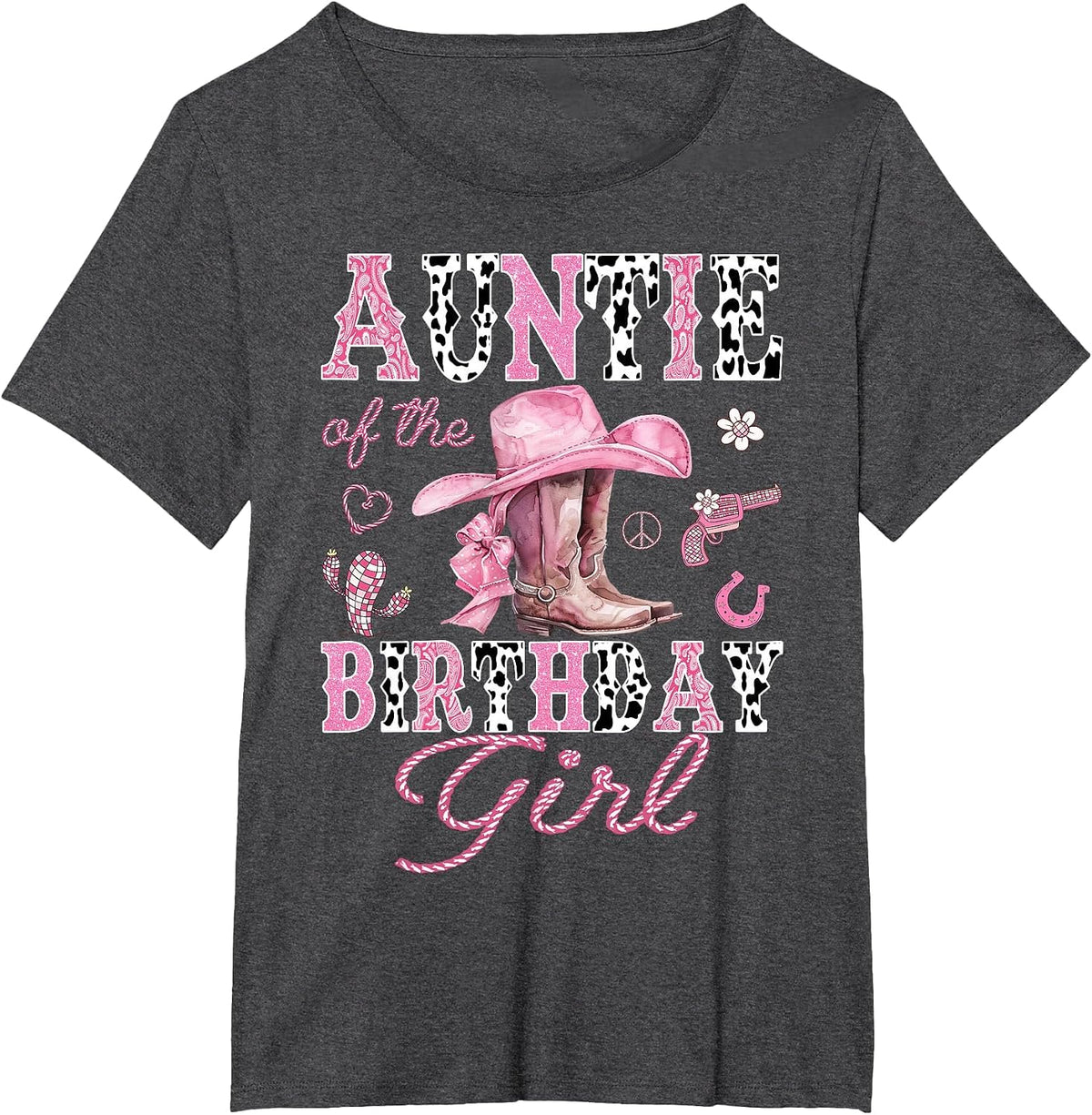 Auntie of the Birthday Girl Pink Cowgirl Western Rodeo T-Shirt - Dark Heather Grey