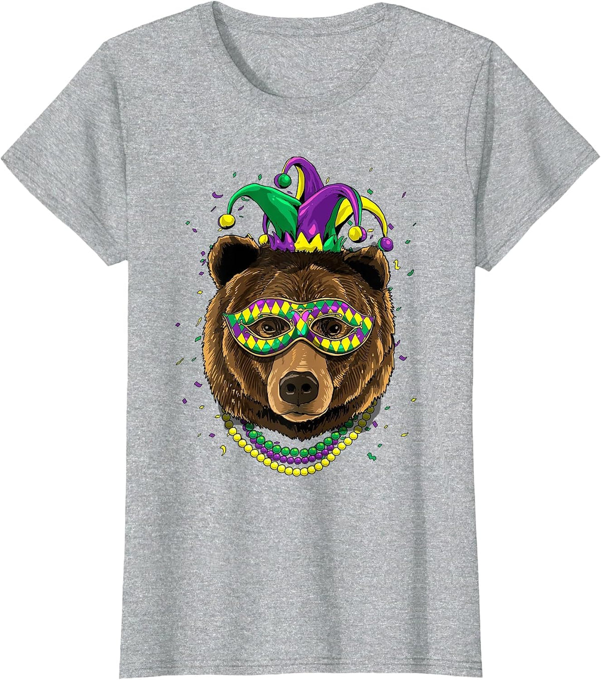 Bear Animal Lover Cute Mardi Gras Carnival Jester T-Shirt, Women, Heather Grey, Small - As Pictured