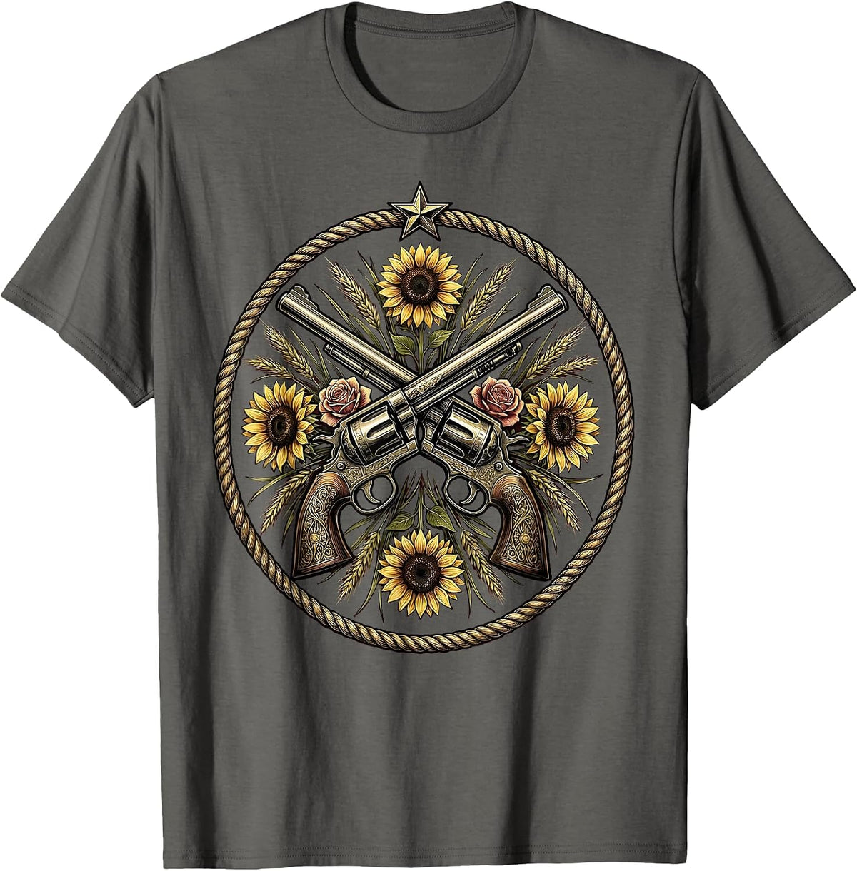 Crossed Revolvers Wildflowers Cowgirl Western Design T-Shirt - Asphalt Grey
