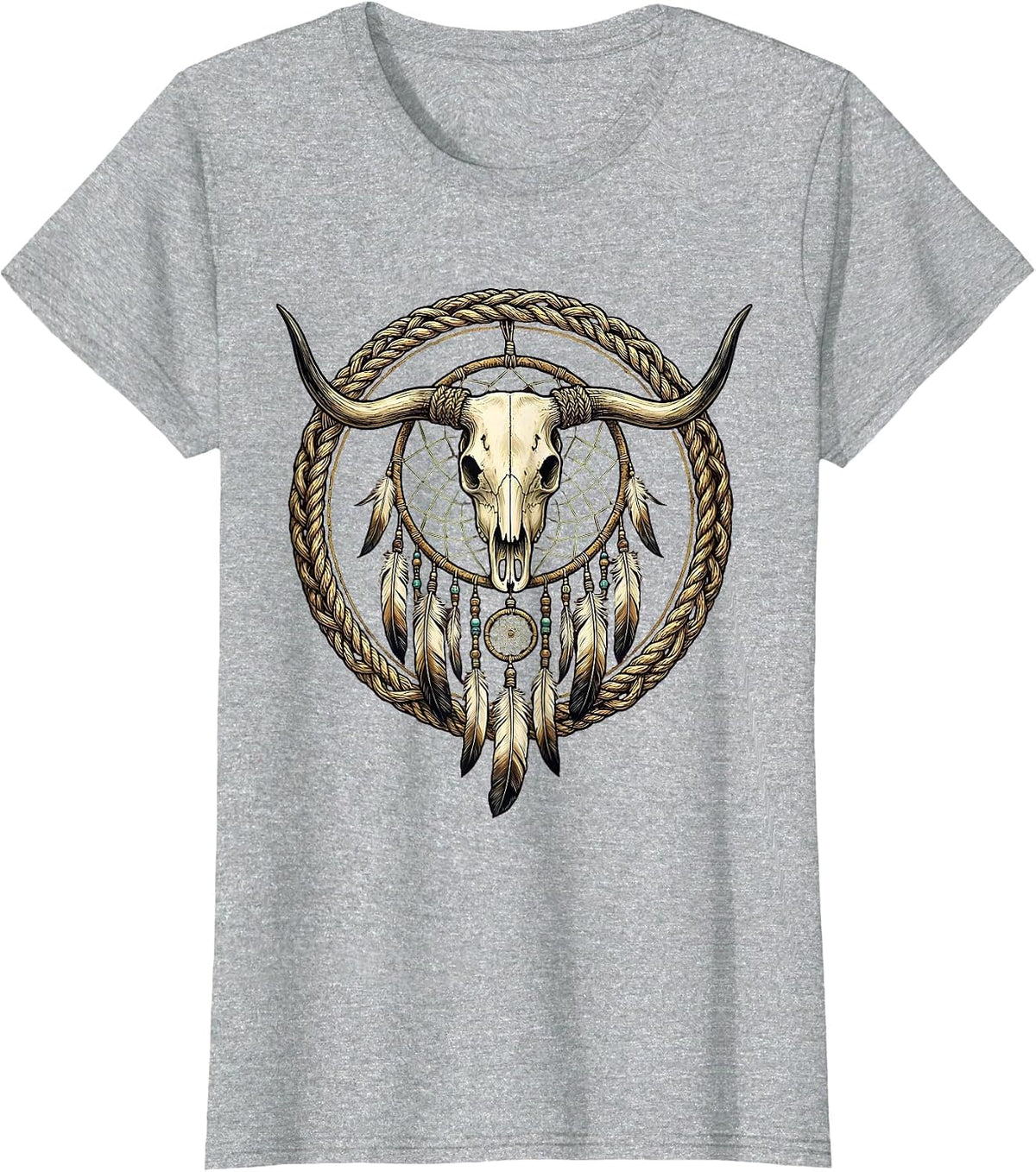 Dreamcatcher Longhorn Skull Western Boho Art T-Shirt - Heather Grey