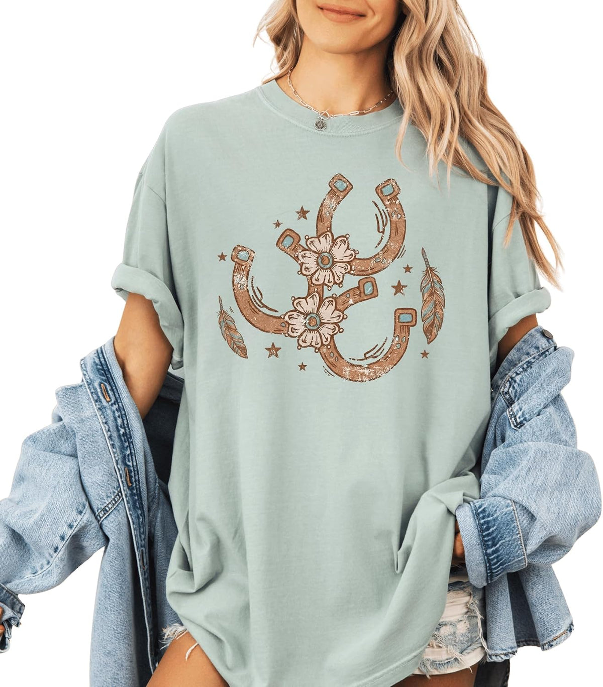 Daytee Western Horseshoe Floral Shirt Cowgirl Country Graphic Tee Rustic Boho Rodeo Shirt for Women - Bay