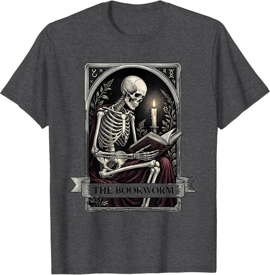 Men's The Bookworm Gothic Dark Academia Skeleton Tarot Book Lover T-Shirt - Dark Heather Grey