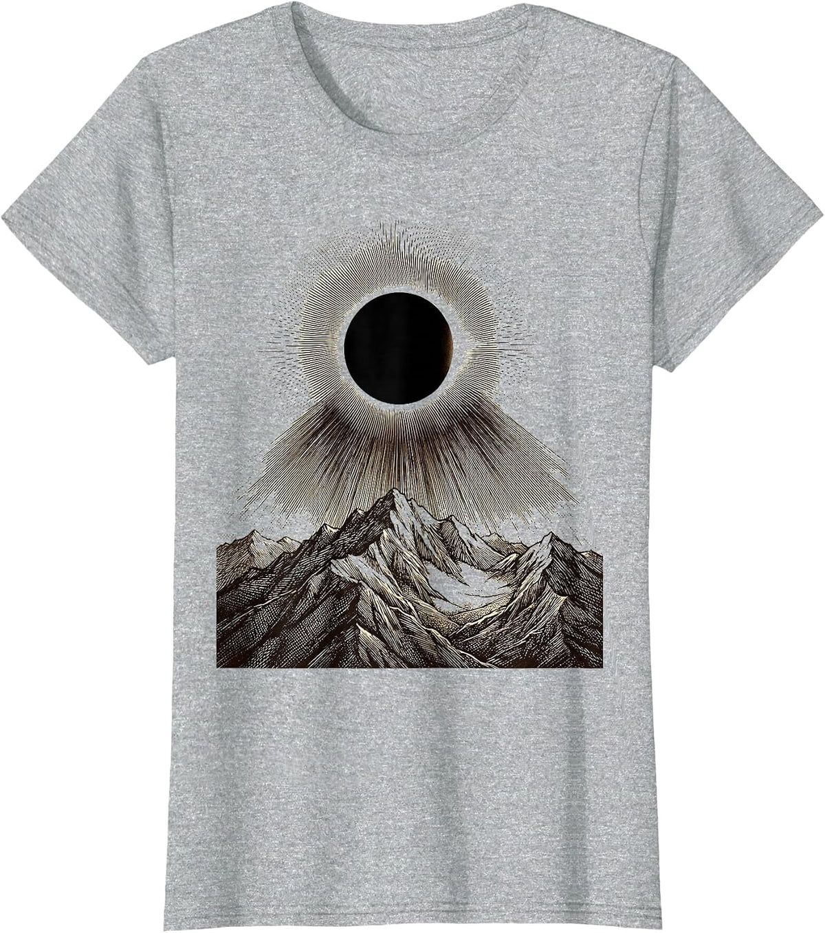 Eclipse Over Mountains Dark Celestial Design T-Shirt - Heather Grey