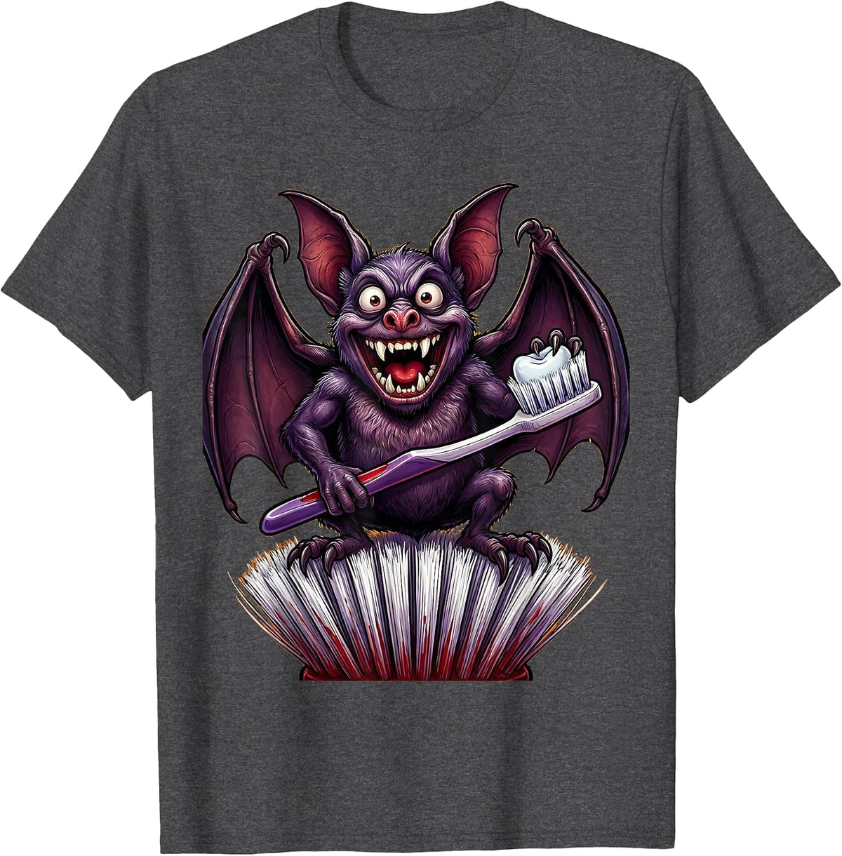 Men's Vampire Bat on Toothbrush Halloween Dental Design T-Shirt - Dark Heather Grey