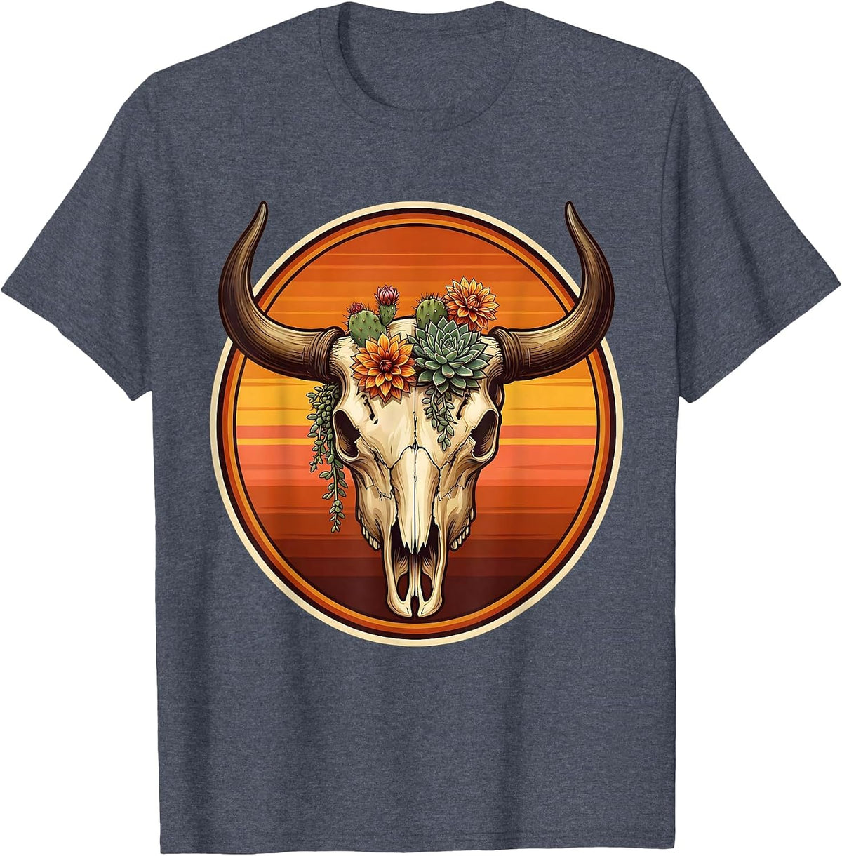 Bull Skull Desert Flowers Western Boho Art T-Shirt - Heather Blue