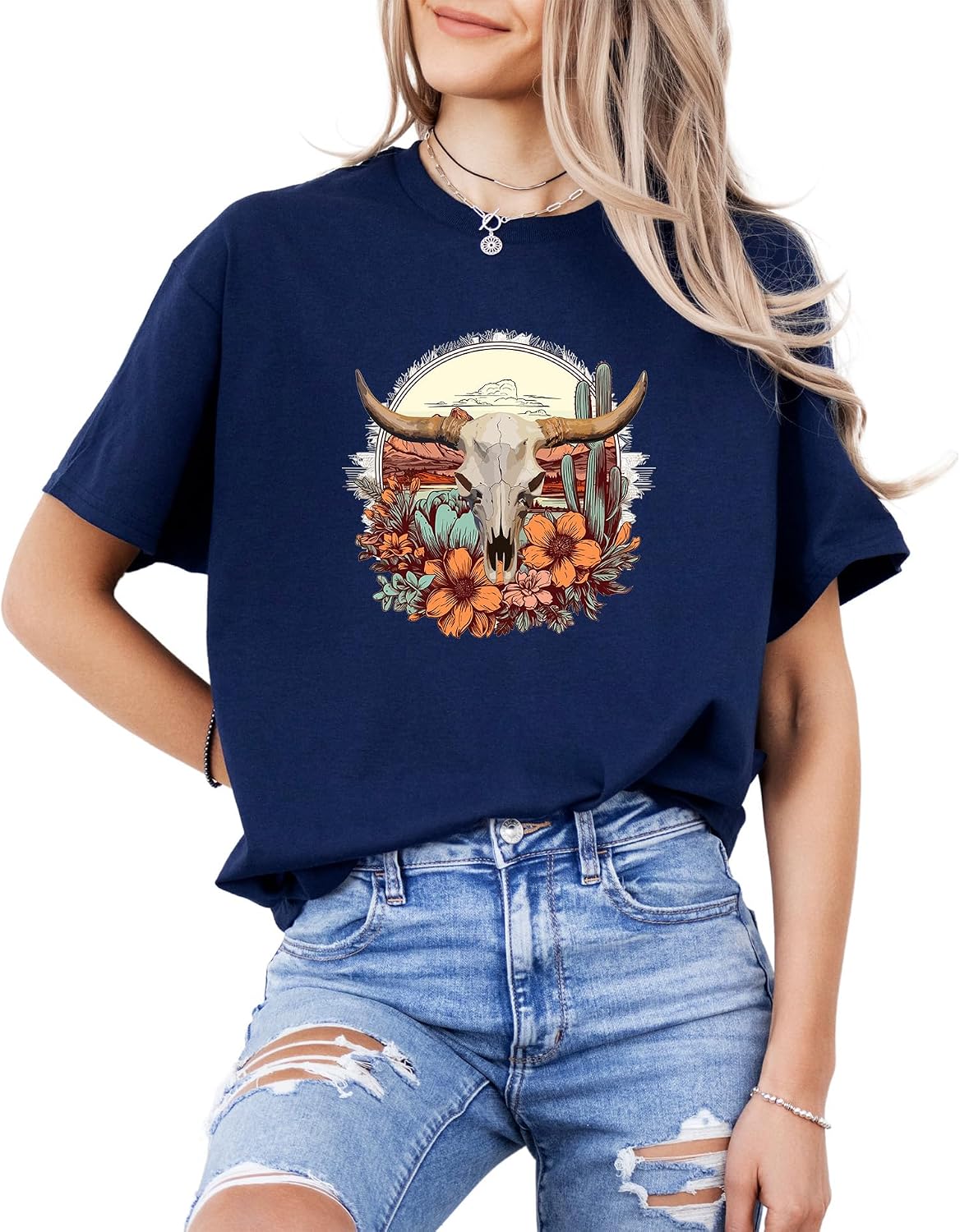 Western Cow Skull Graphic T-Shirt – Desert Floral Boho Style Tee – Vintage Country Rodeo Aesthetic for Men & Women - Navy