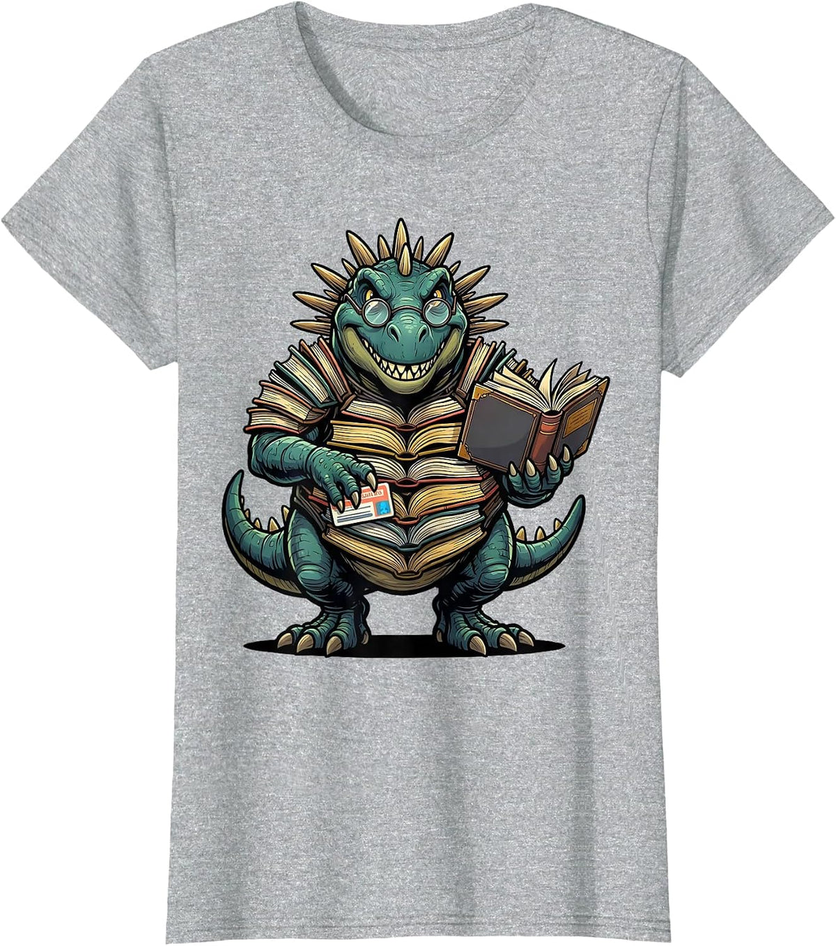 Women's Dinosaur Reading Teacher Librarian Bookworm Humor T-Shirt - Heather Grey