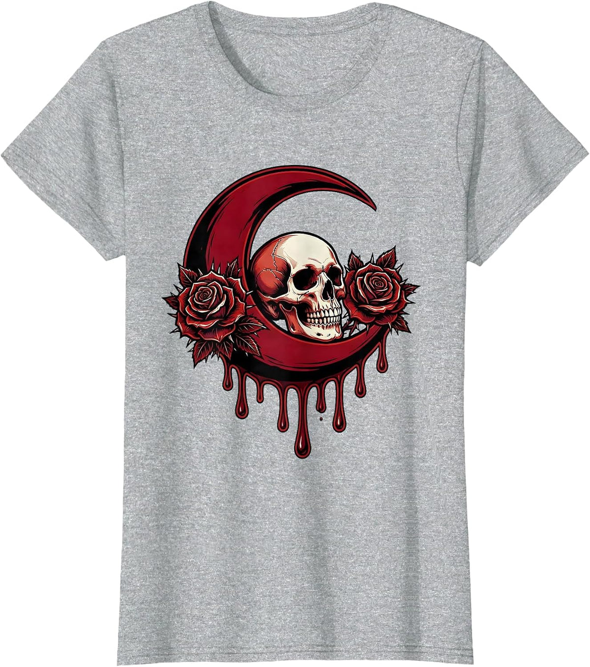 Crescent Moon Dripping Blood Horror Graphic T-Shirt - Heather Grey