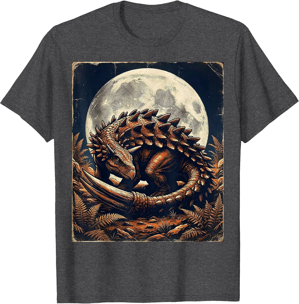 Ankylosaurus Moonlit Night Dinosaur Illustration T-Shirt - Dark Heather Grey