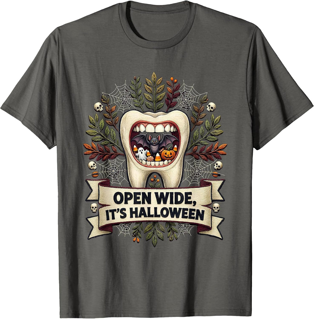 Men's Open Wide It's Halloween Dental Spooky Design T-Shirt - Asphalt Grey