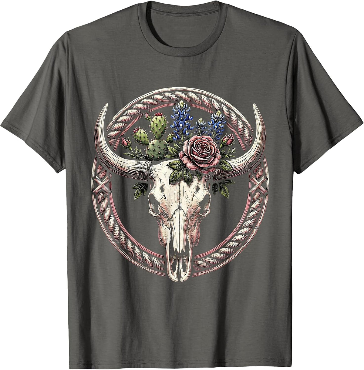 Pink Western Longhorn Skull Wildflower Design T-Shirt - Asphalt Grey