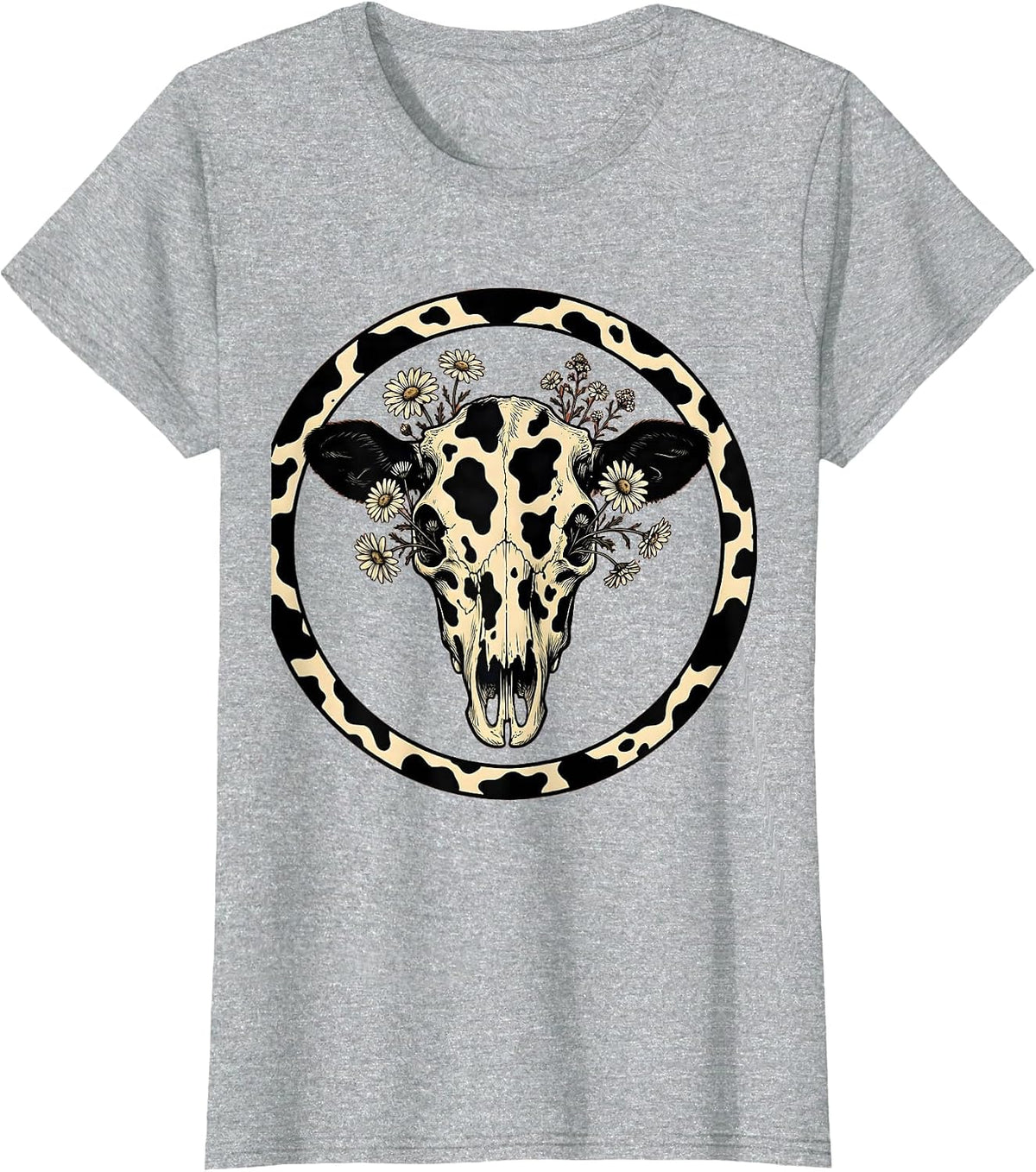 Women's Cow Skull Wildflowers Boho Western Floral Illustration T-Shirt - Heather Grey