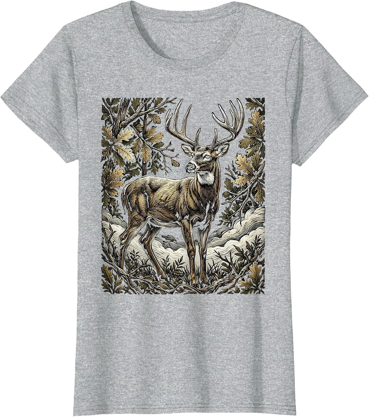 Women's Deer Buck Camouflage Fog Hunting Graphic T-Shirt - Heather Grey