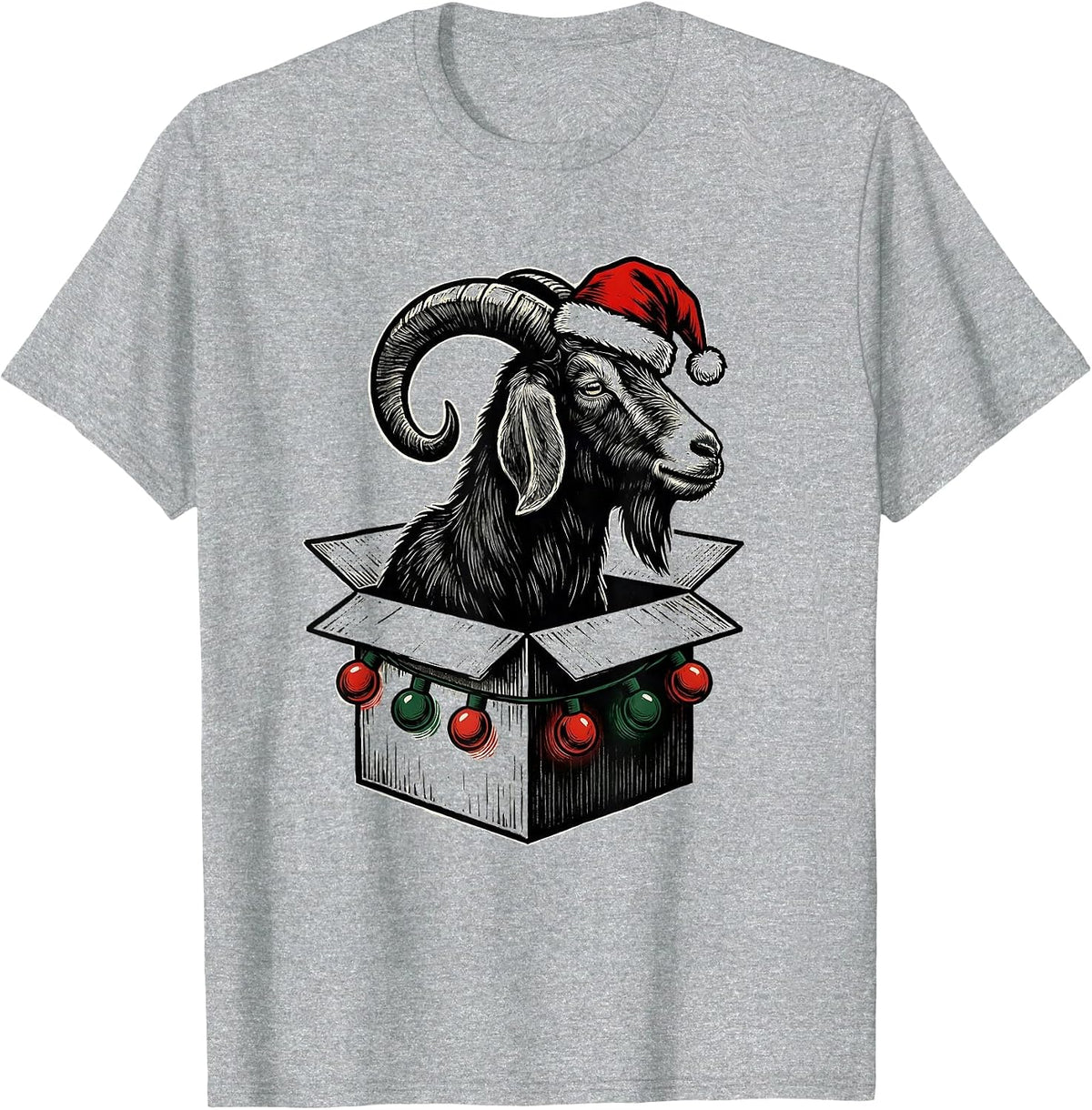 Men's Goat Christmas Lights Linocut Farm Animal Humor T-Shirt - Heather Grey