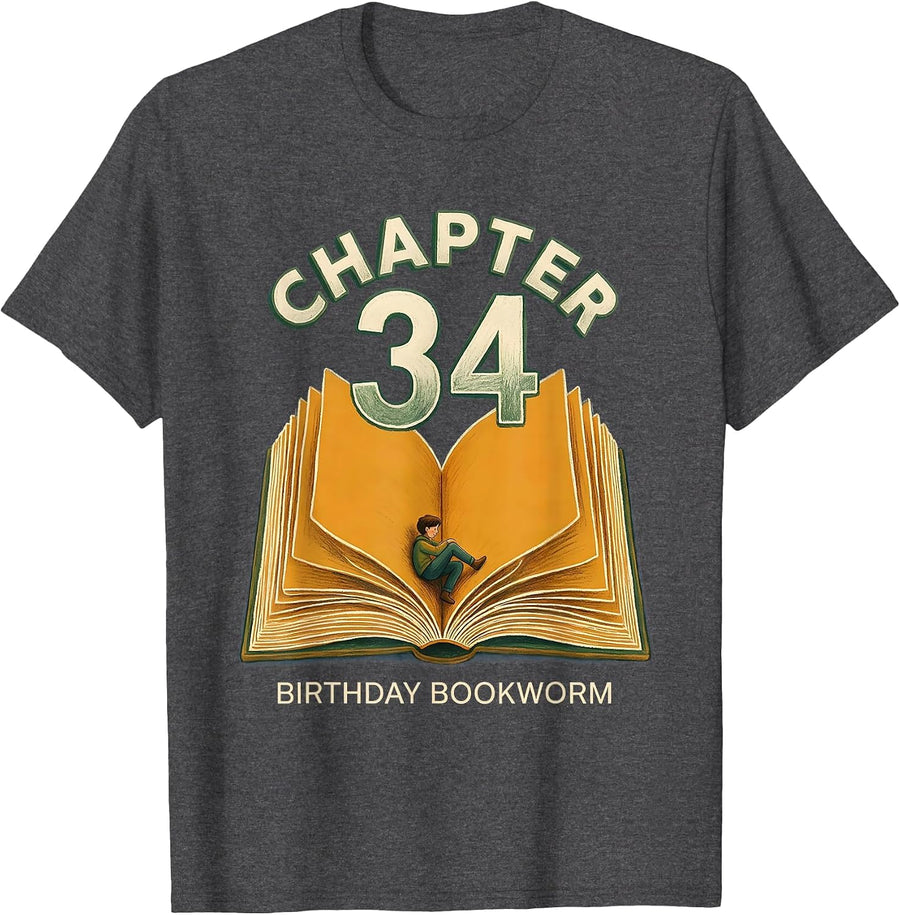 Men's Chapter 34 Birthday Bookworm Whimsical Book Lover Gift T-Shirt - Dark Heather Grey