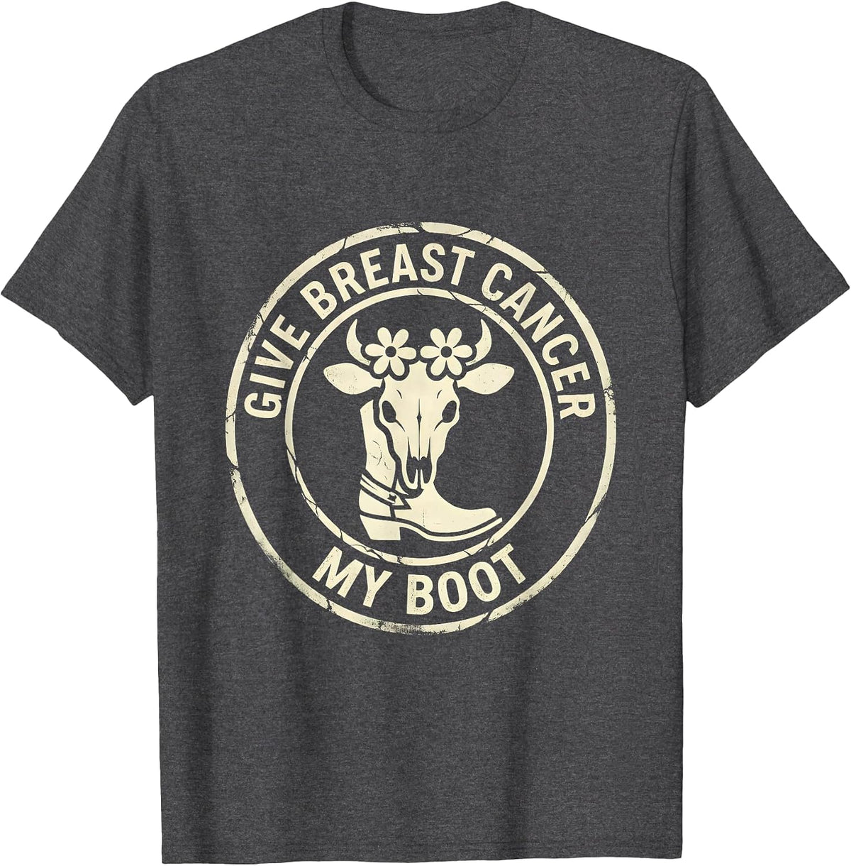 Men's Give Breast Cancer My Boot Boho Western Cowgirl Awareness T-Shirt - Dark Heather Grey