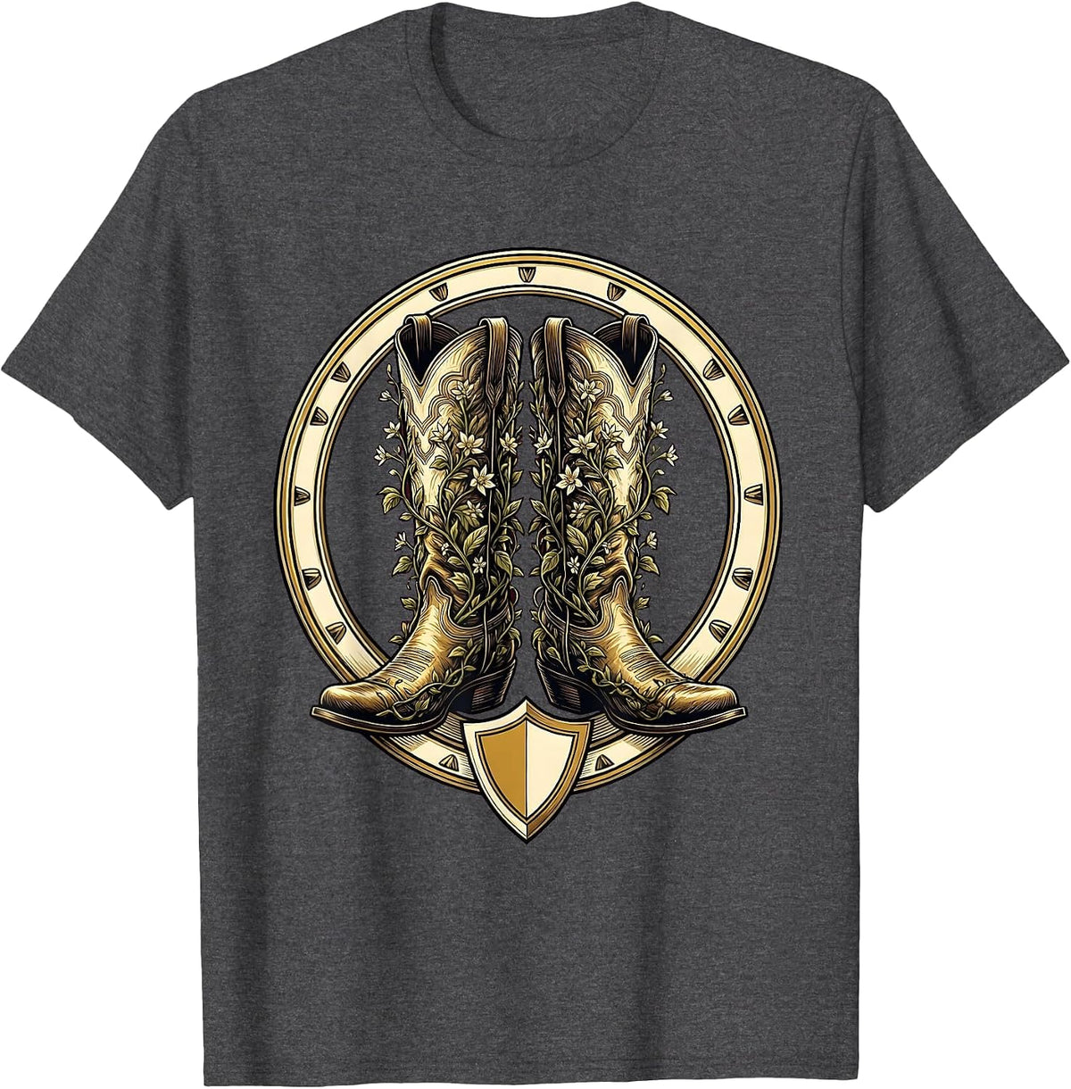 Western Boots Wildflower Vines Boho Floral Design T-Shirt - Dark Heather Grey