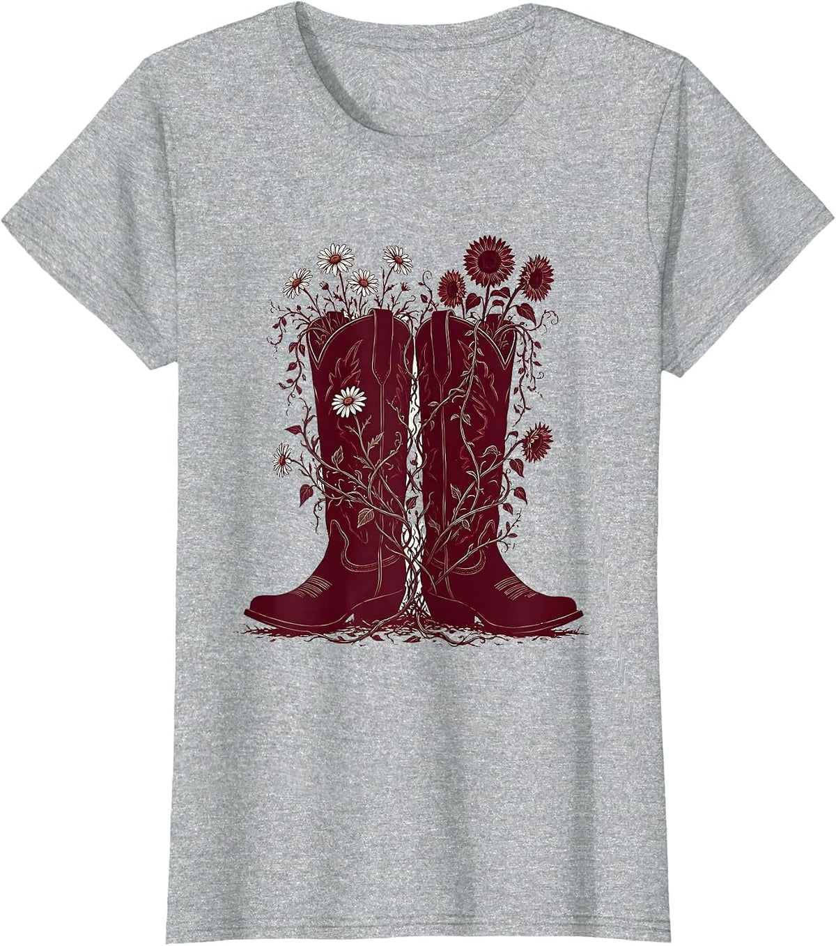 Red Cowboy Boots Wildflower Vines Country Music Art T-Shirt - Heather Grey