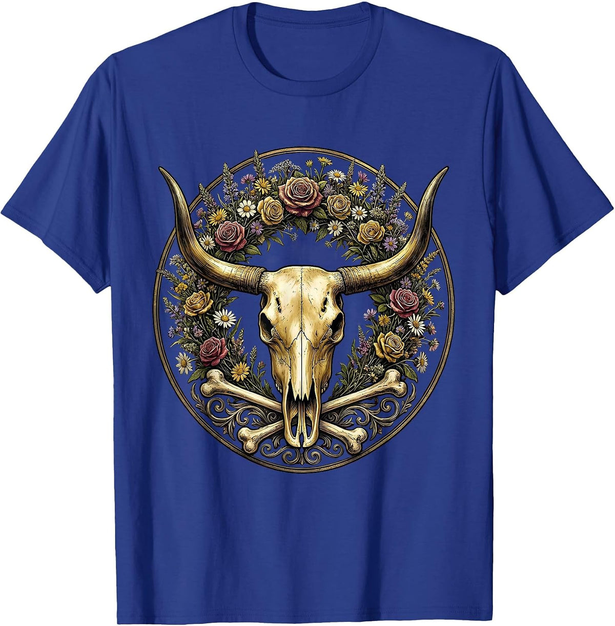 Cattle Skull Floral Crown Western Cowboy Design T-Shirt - Royal Blue