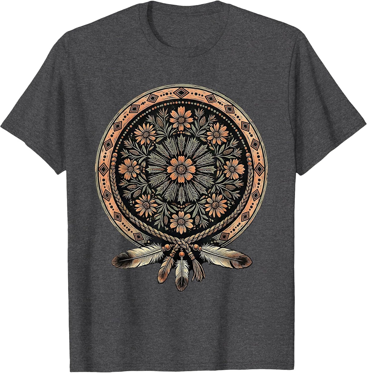 Men's Western Boho Braided Hair Feathers Turquoise Beads T-Shirt - Dark Heather Grey