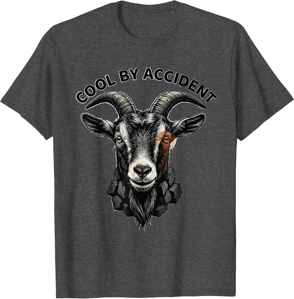 Cool By Accident Linocut Goat Novelty Humor Animal Lover T-Shirt - Dark Heather Grey
