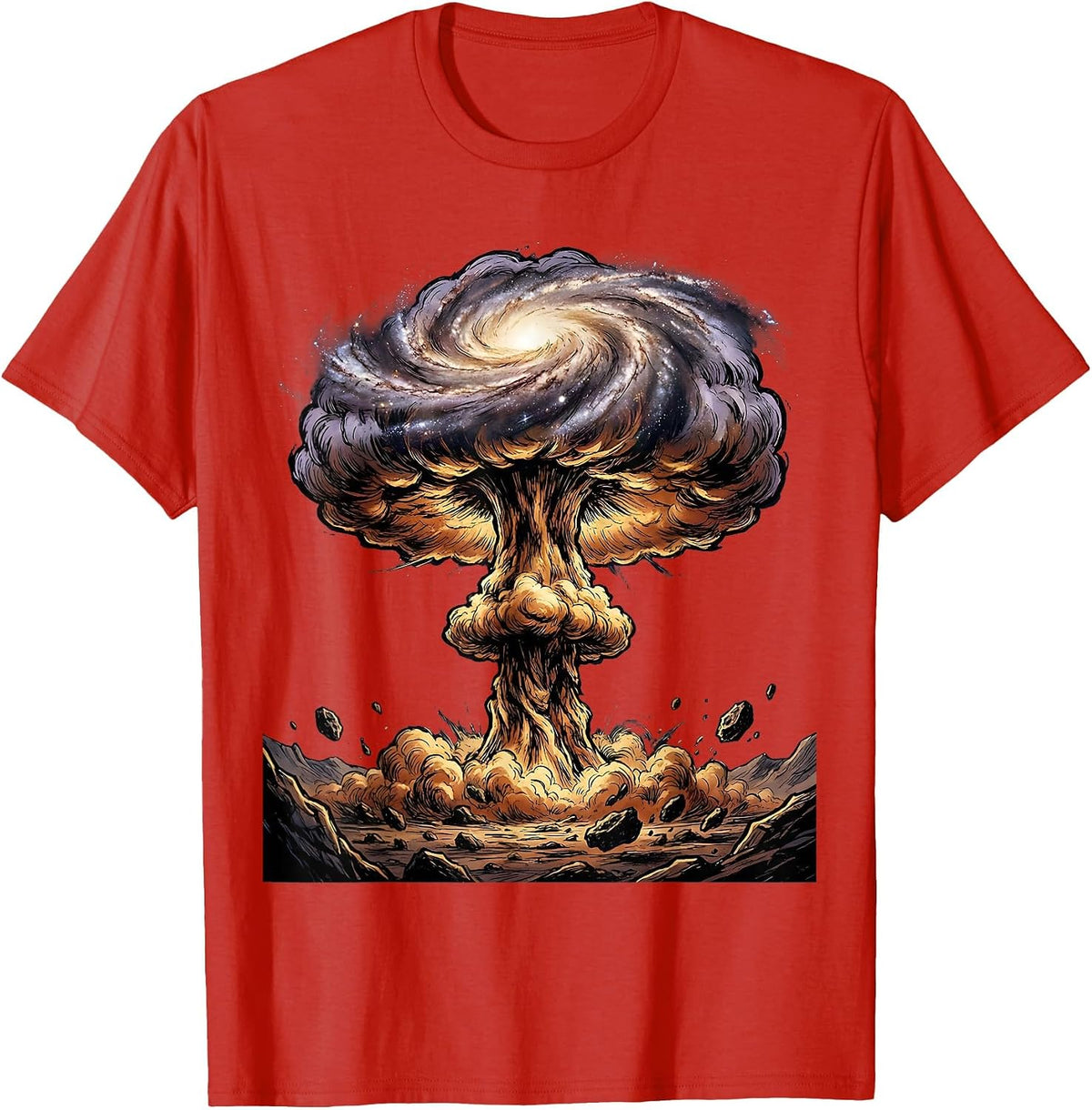 Men's Mushroom Cloud Spiral Galaxy Cosmic Art T-Shirt - Red