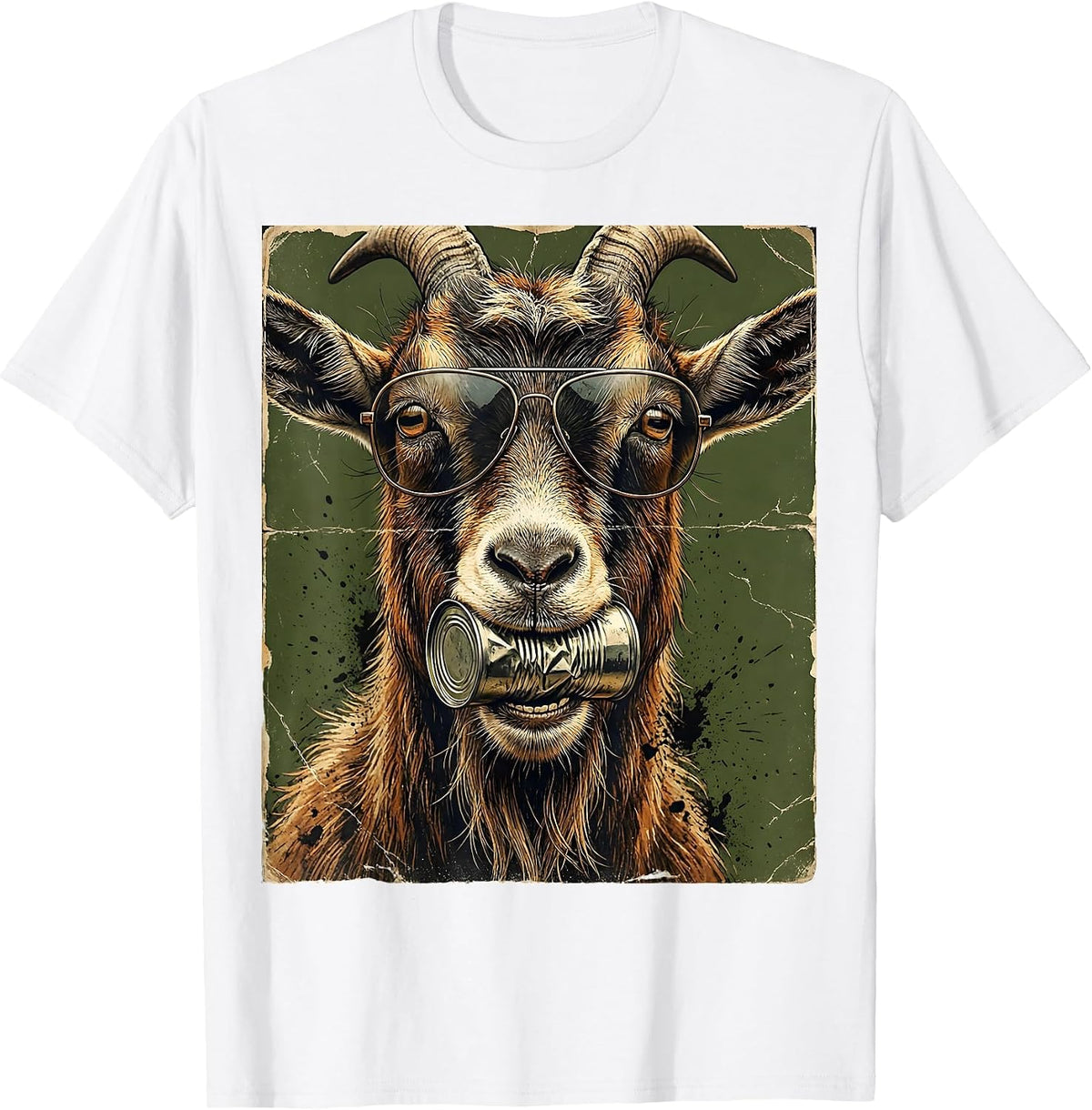 Men's Funny Goat Wearing Sunglasses Eating Tin Can T-Shirt - White