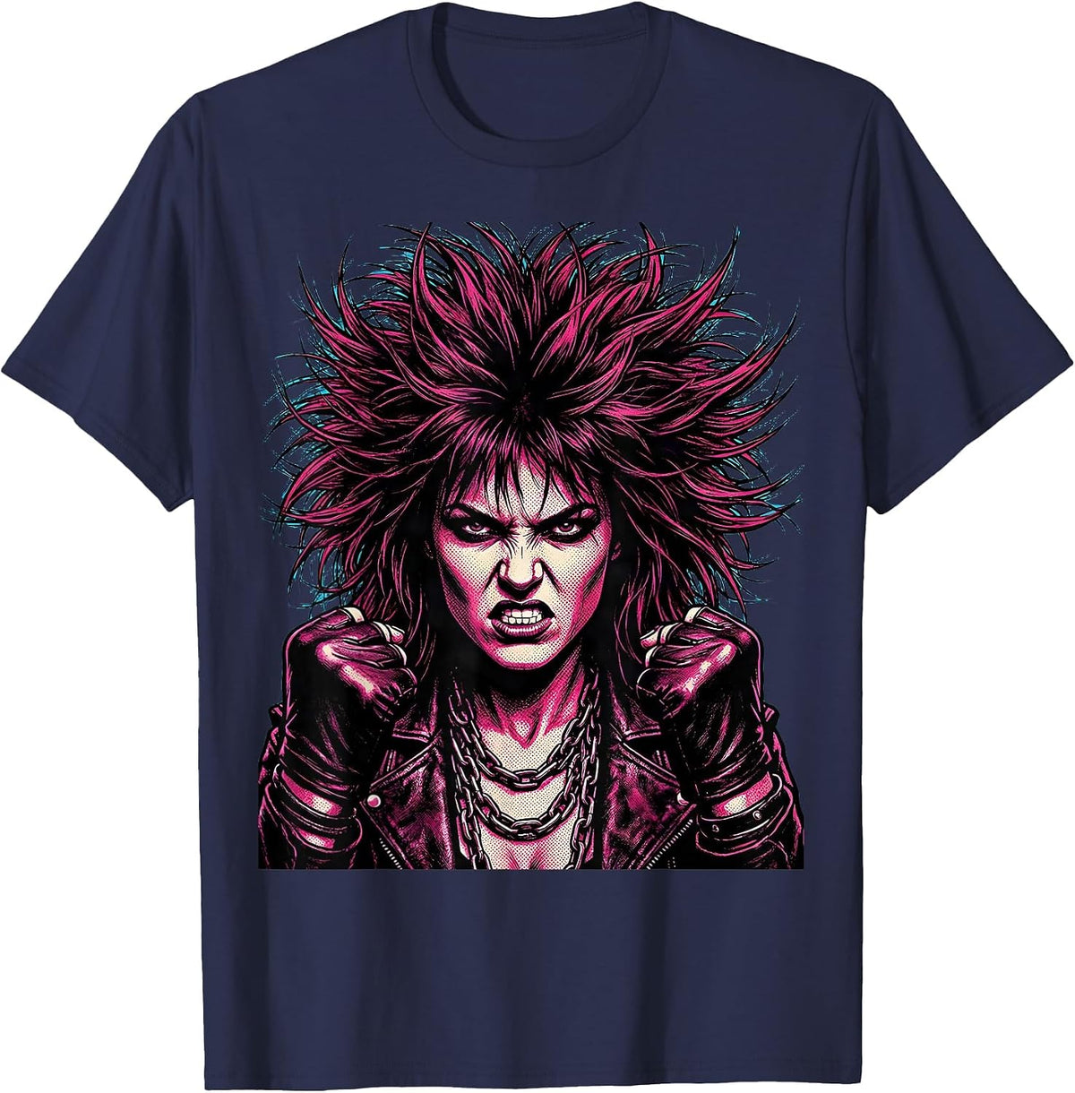 Rock On Female Rocker Chains Leather Gloves Graphic T-Shirt - Navy Blue