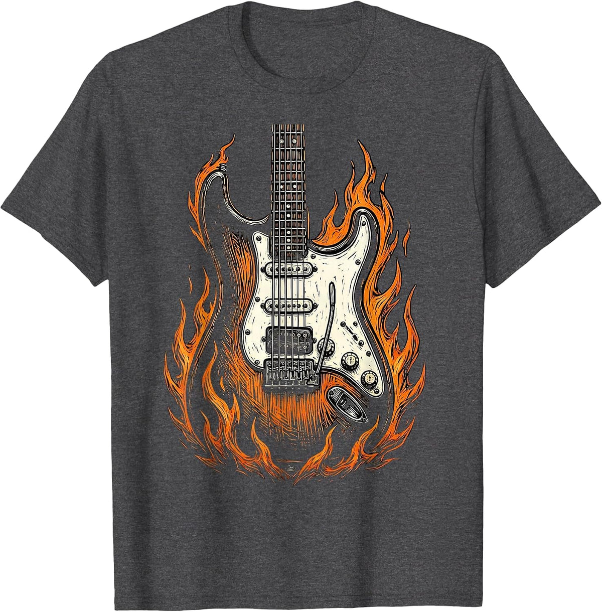 Flaming Electric Guitar Rock Music Graphic T-Shirt - Dark Heather Grey