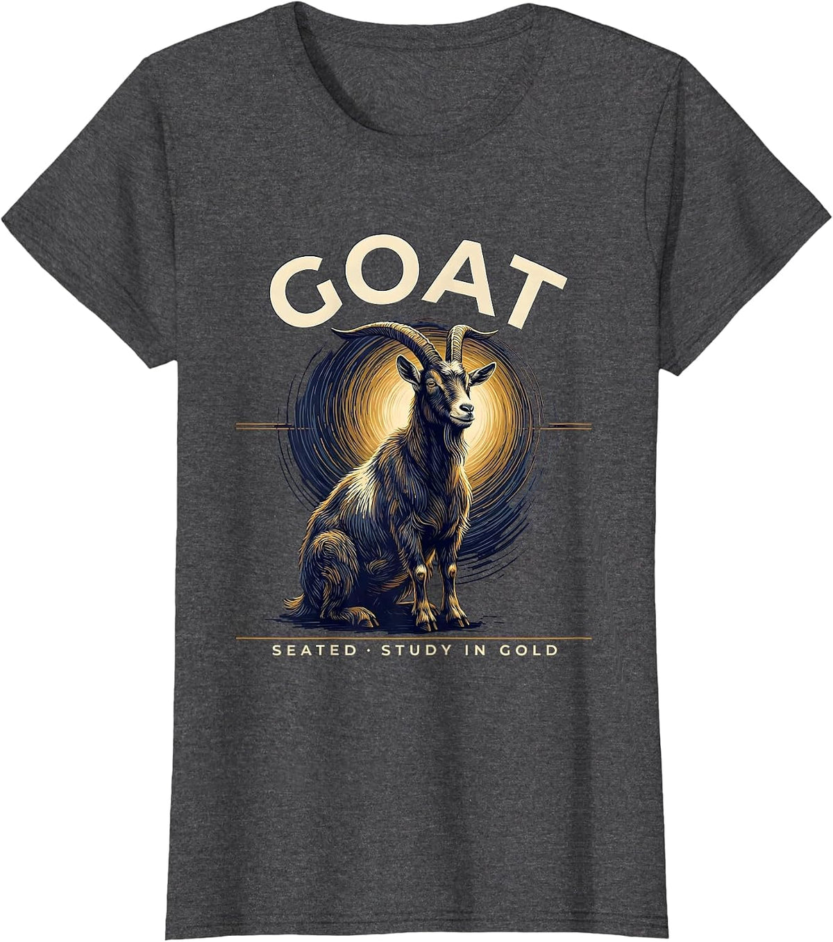 Women's Goat Seated Study In Gold Van Gogh Starry Night Animal T-Shirt - Dark Heather Grey