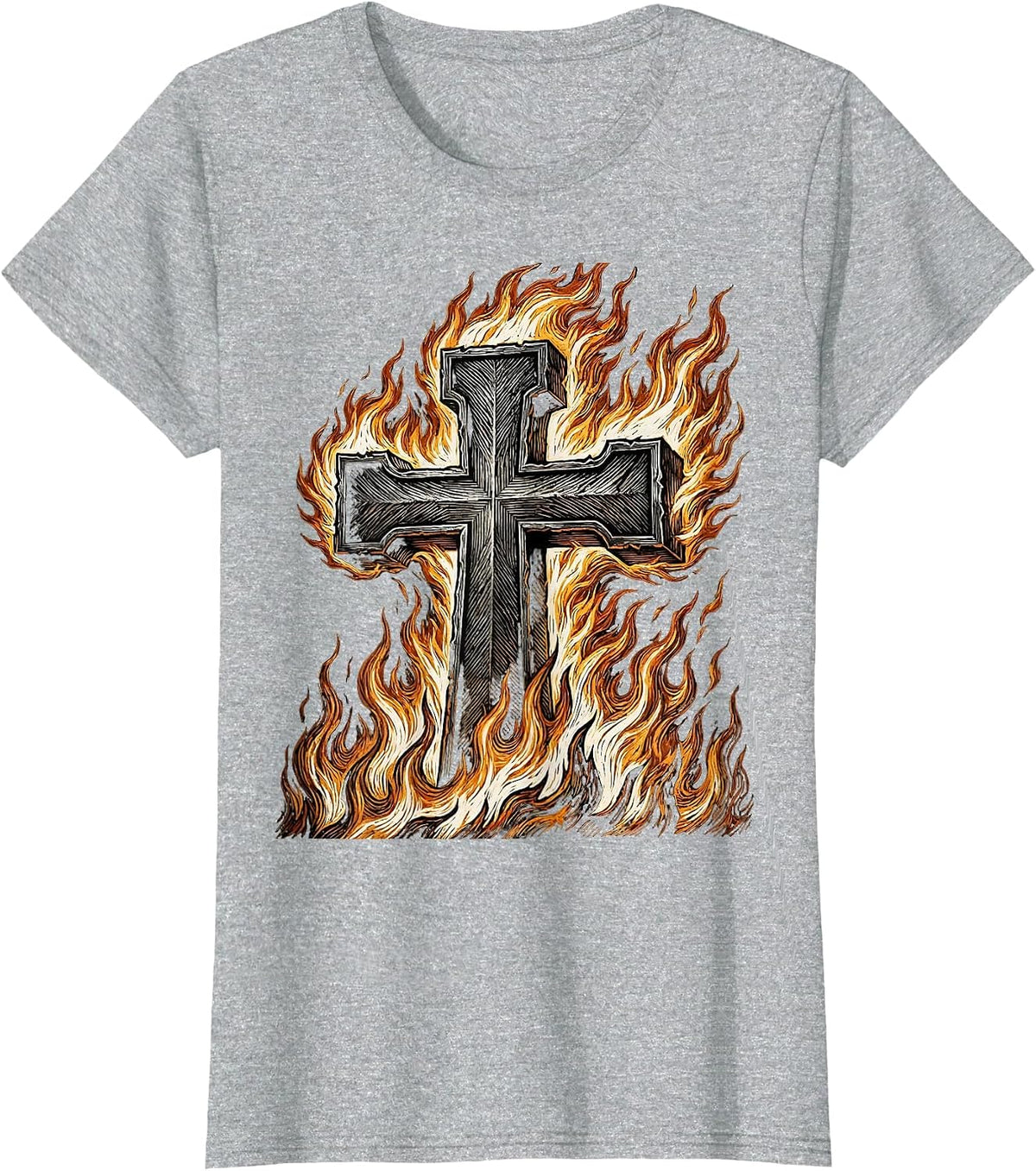 Iron Cross Engulfed in Flames Graphic Design T-Shirt - Heather Grey