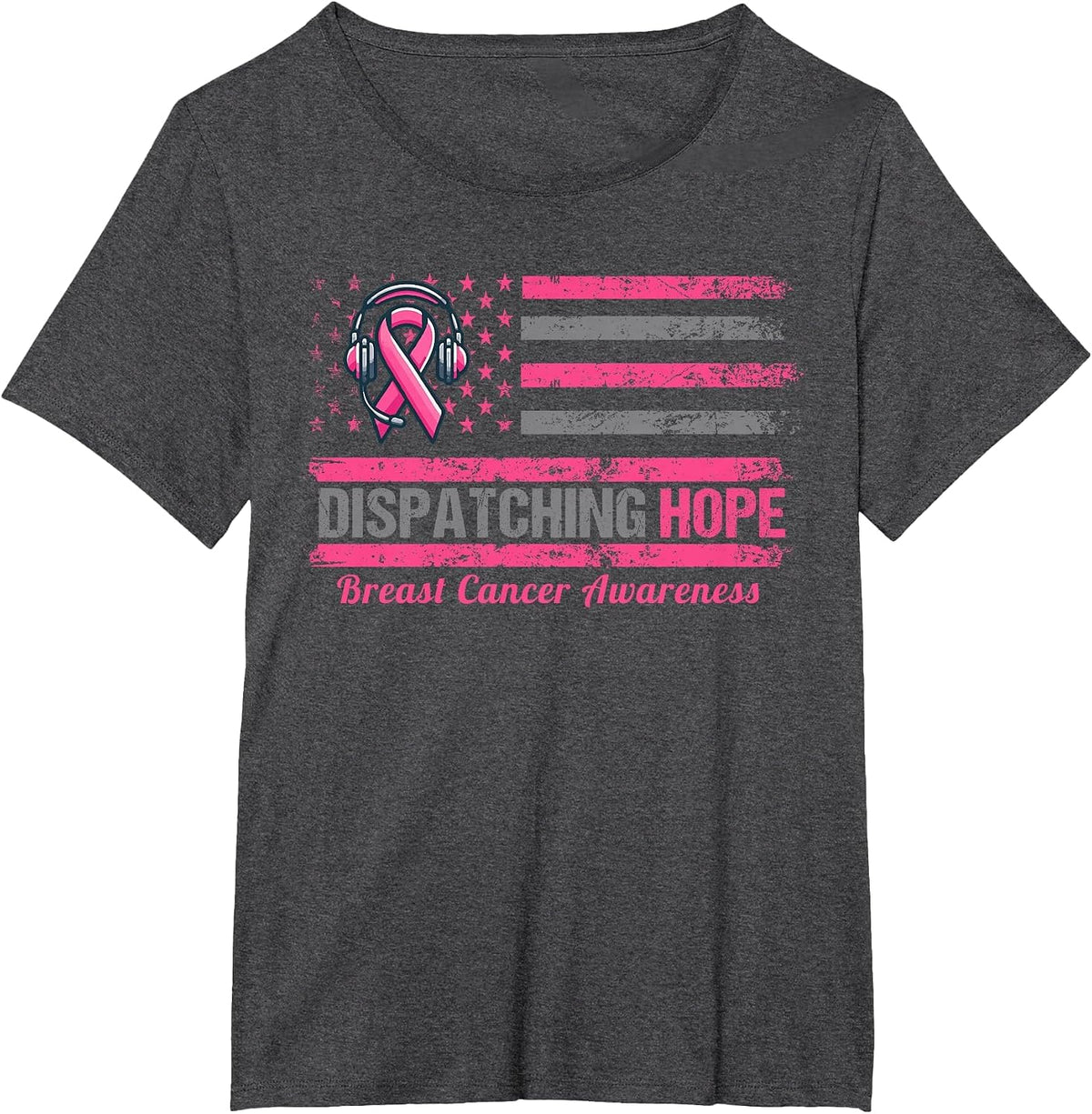 Dispatcher Breast Cancer Awareness Pink Ribbon American Flag T-Shirt - Dark Heather Grey