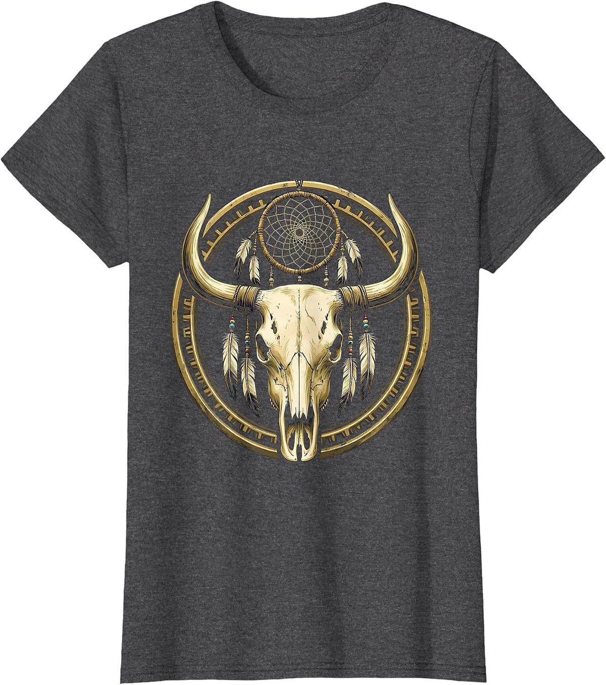 Women's Cow Skull Dreamcatcher Boho Western Graphic T-Shirt - Dark Heather Grey