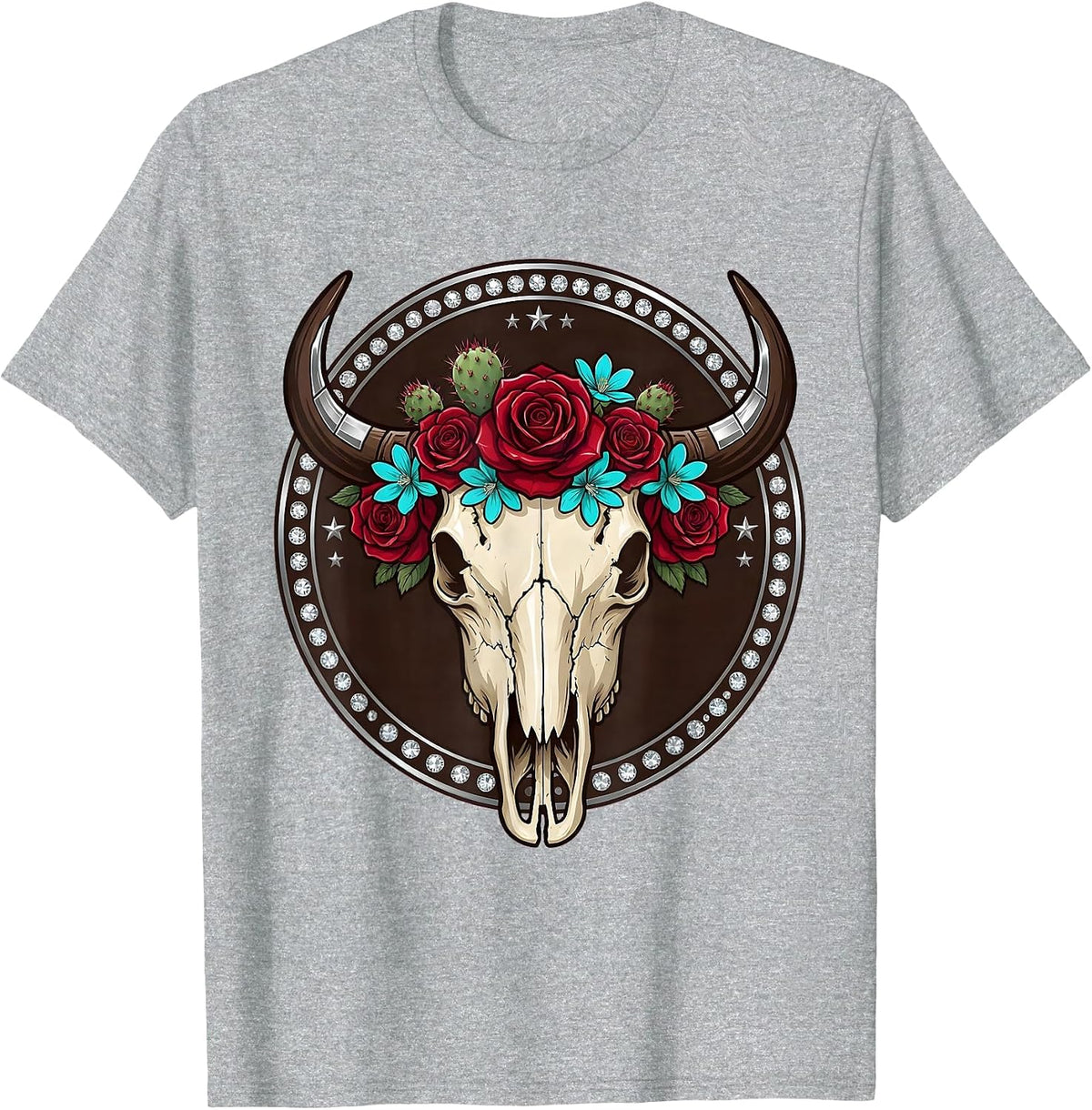 Men's Buffalo Skull Desert Flowers Western Boho Graphic T-Shirt - Heather Grey