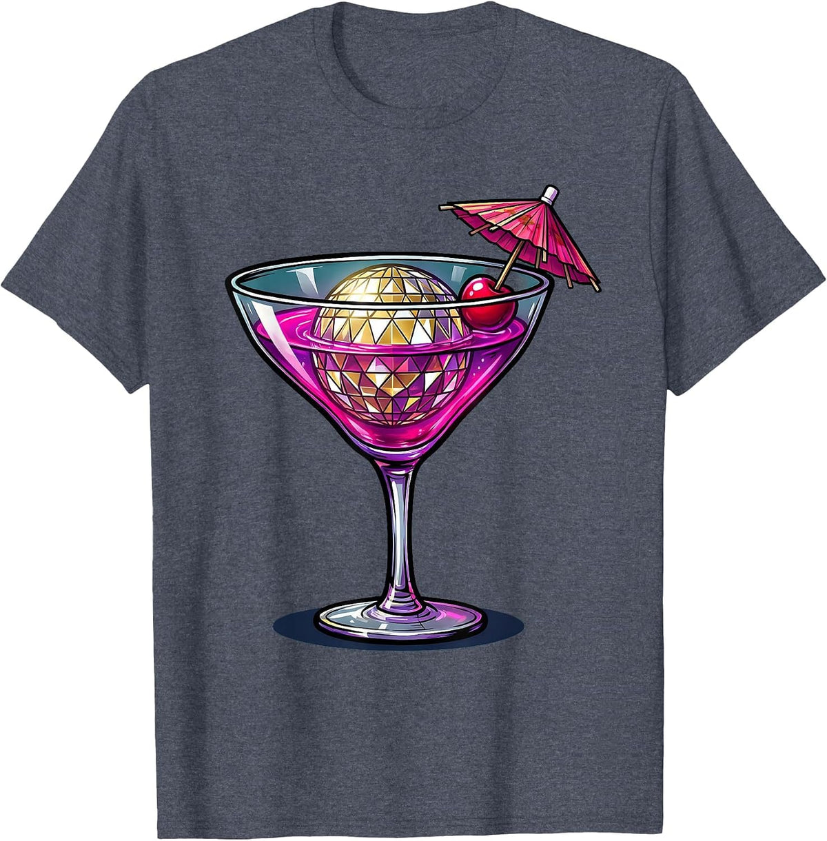Disco Ball Cocktail Glass Retro Groovy Graphic T-Shirt - Heather Blue