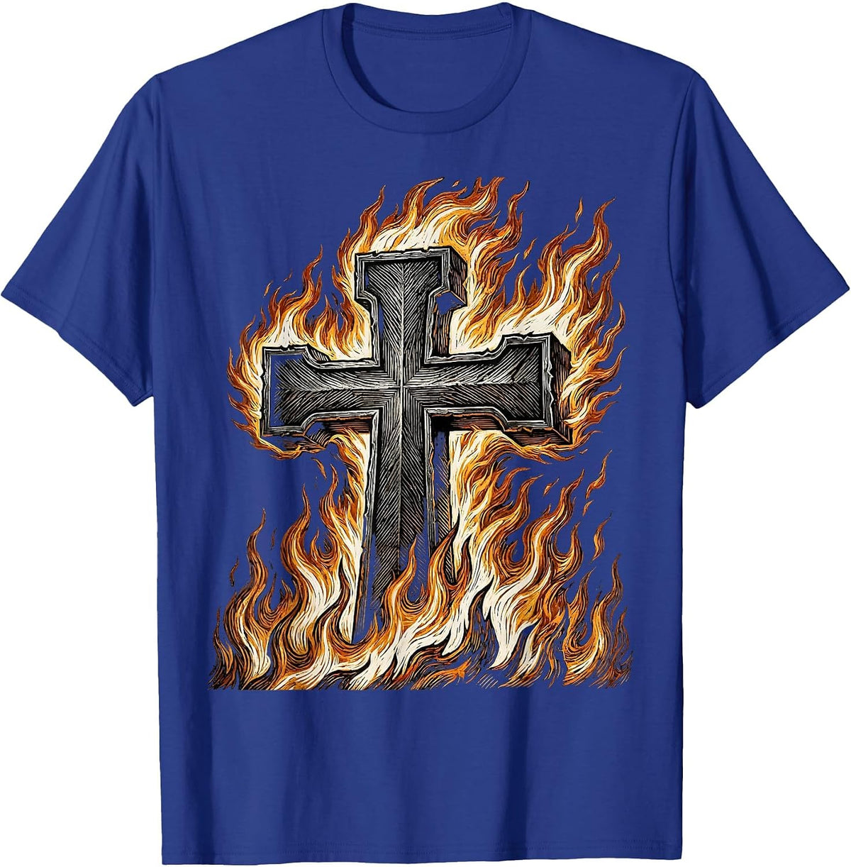 Iron Cross Engulfed in Flames Graphic Design T-Shirt - Royal Blue