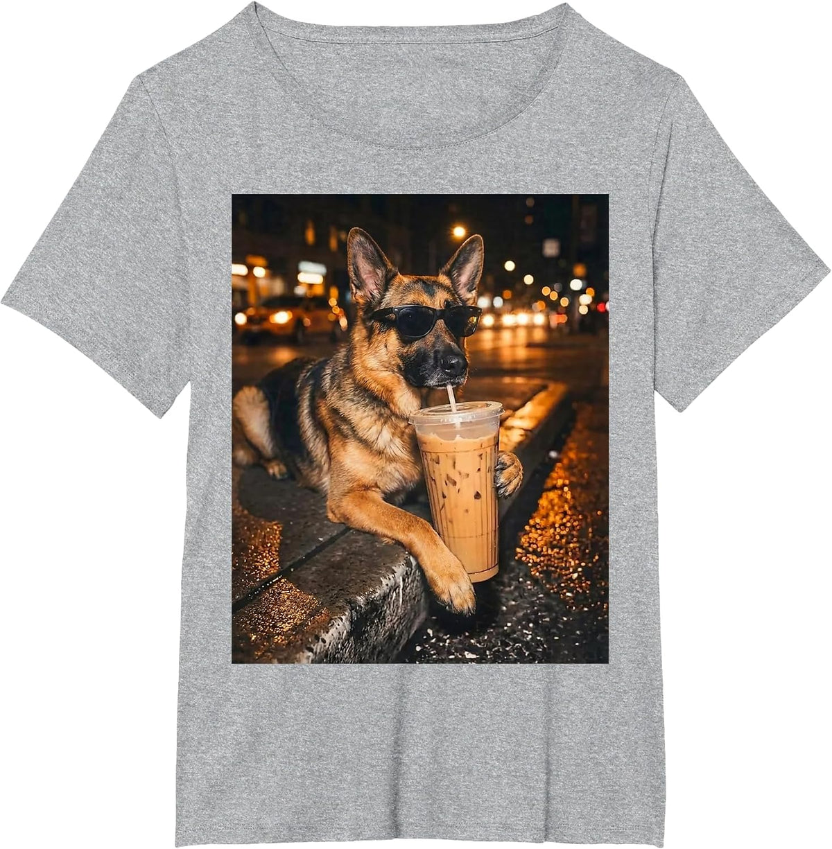 German Shepherd Drinking Iced Coffee Funny Dog Lover Meme T-Shirt - Heather Grey