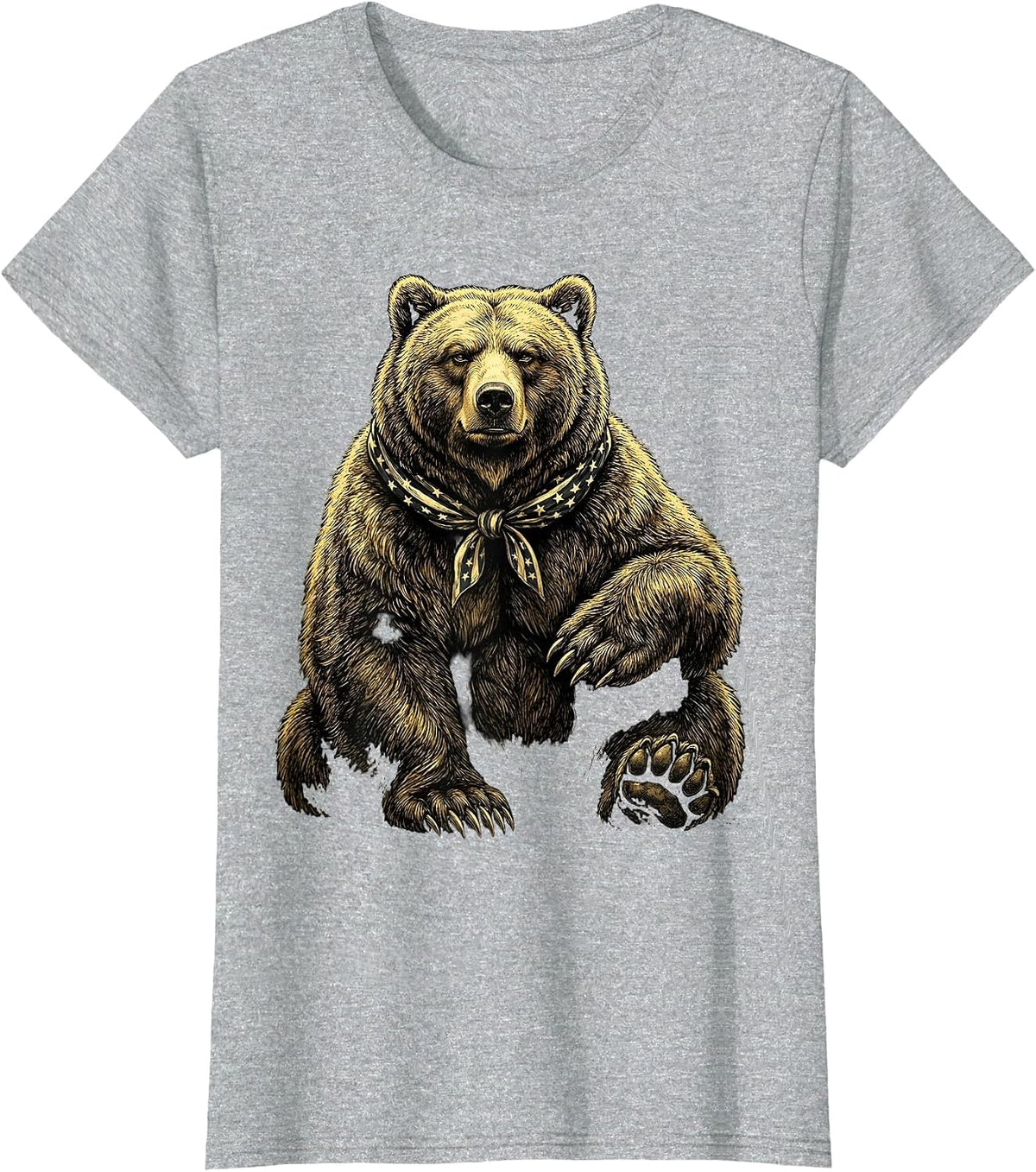 Patriotic Grizzly Bear Stars and Stripes Bandana T-Shirt - Heather Grey