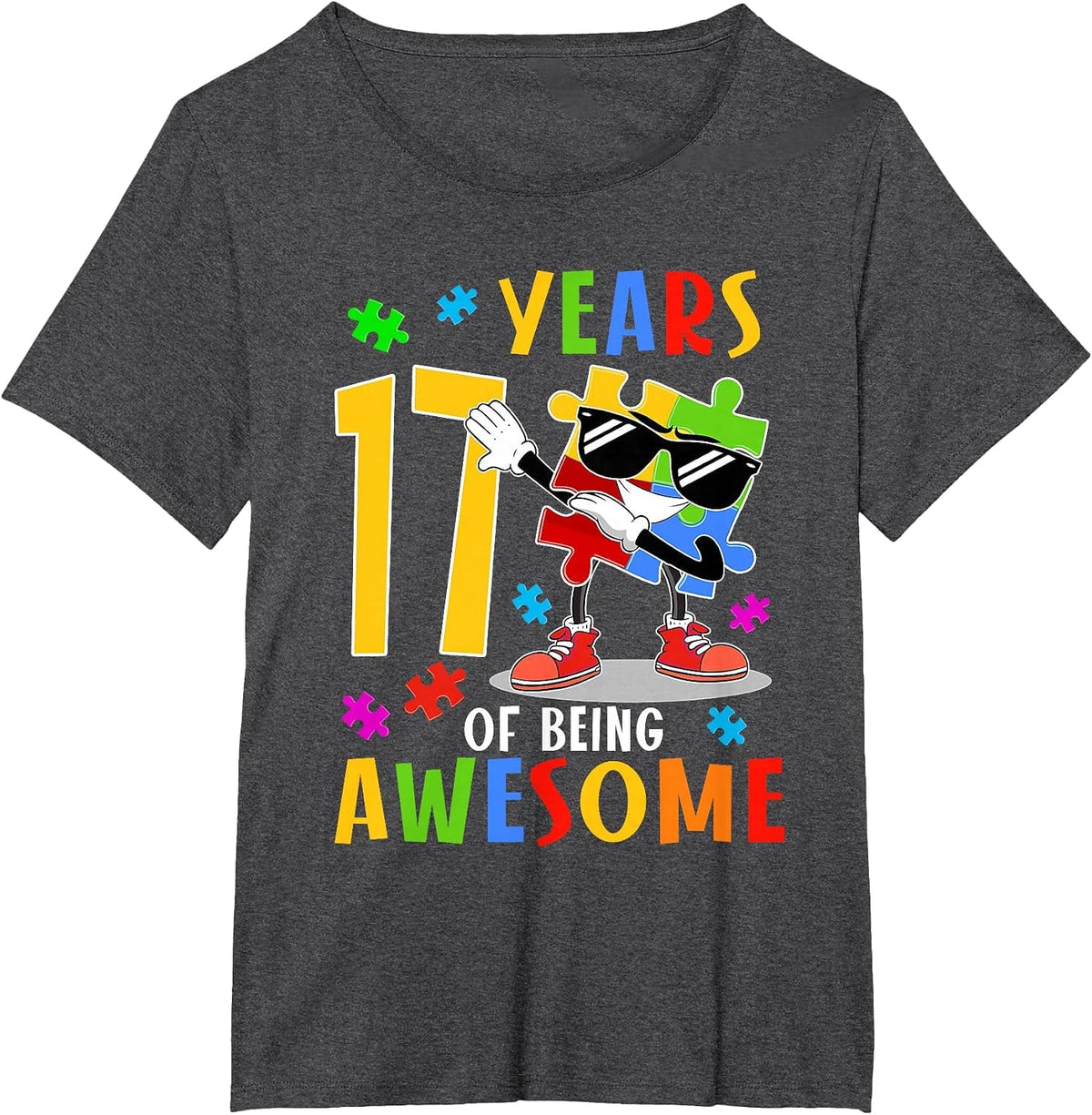 17 Years of Being Awesome Birthday Dabbing Autism Puzzle T-Shirt - Dark Heather Grey