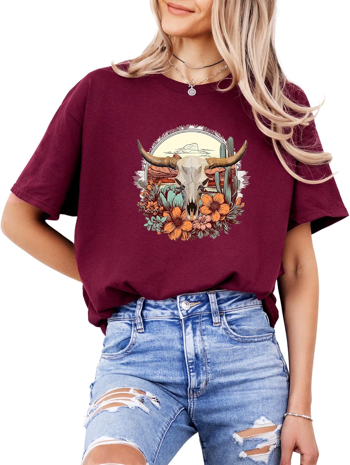 Western Cow Skull Graphic T-Shirt – Desert Floral Boho Style Tee – Vintage Country Rodeo Aesthetic for Men & Women - Maroon