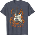 Flaming Electric Guitar Rock Music Graphic T-Shirt - Heather Blue