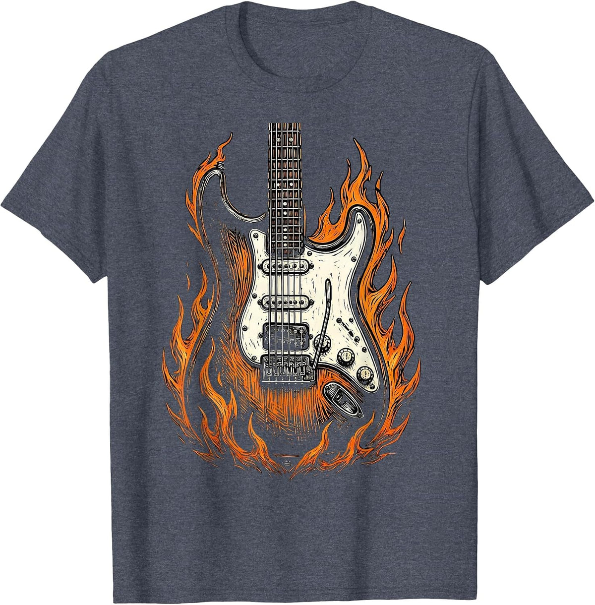 Flaming Electric Guitar Rock Music Graphic T-Shirt - Heather Blue