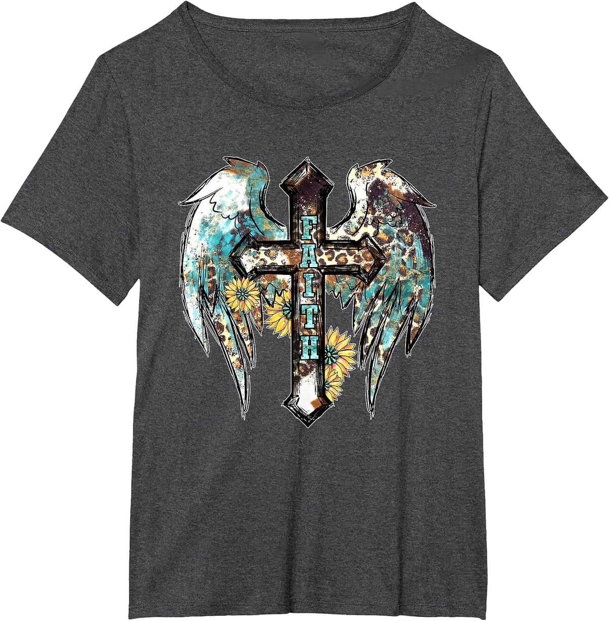 Christian Western Cross with Sunflower Decor for Women Faith T-Shirt - Dark Heather Grey