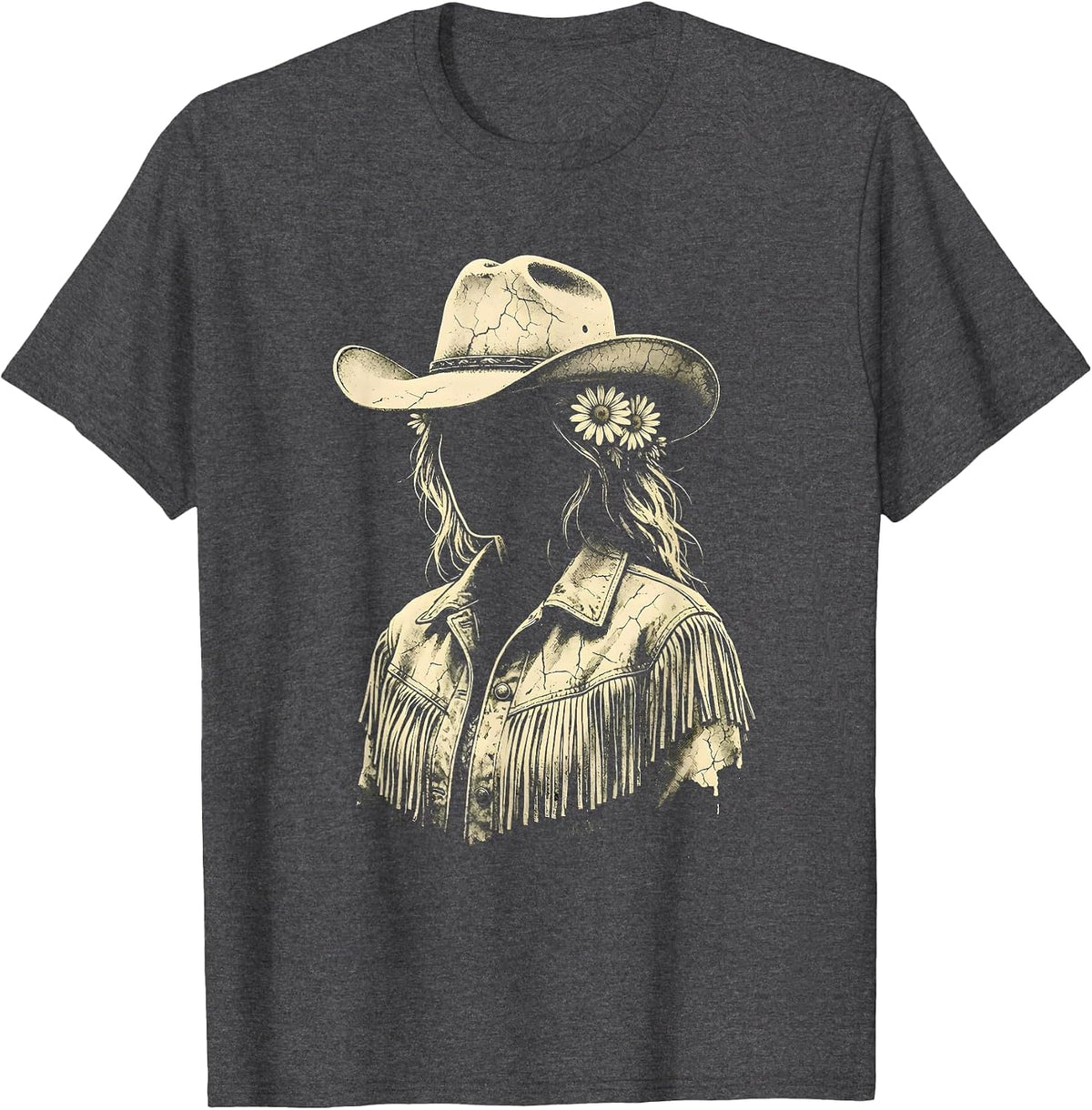 Western Girl Fringe Jacket Daisy Crown Illustration T-Shirt - Dark Heather Grey