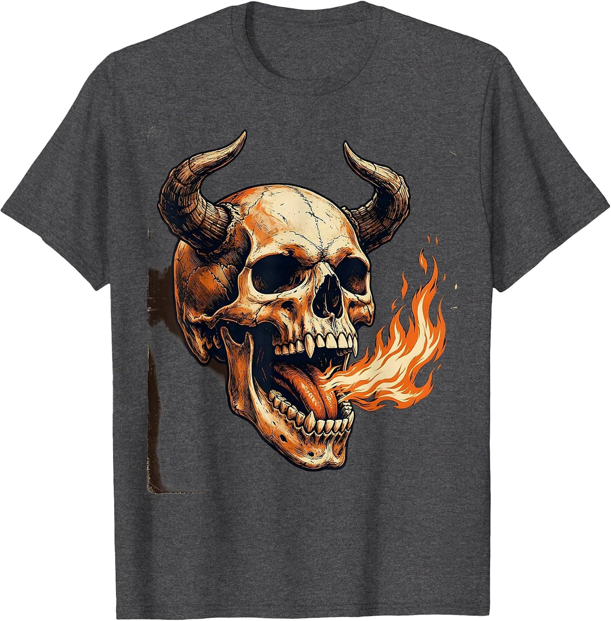 Men's Horned Demon Skull Fire Breathing Dark Art Design T-Shirt - Dark Heather Grey