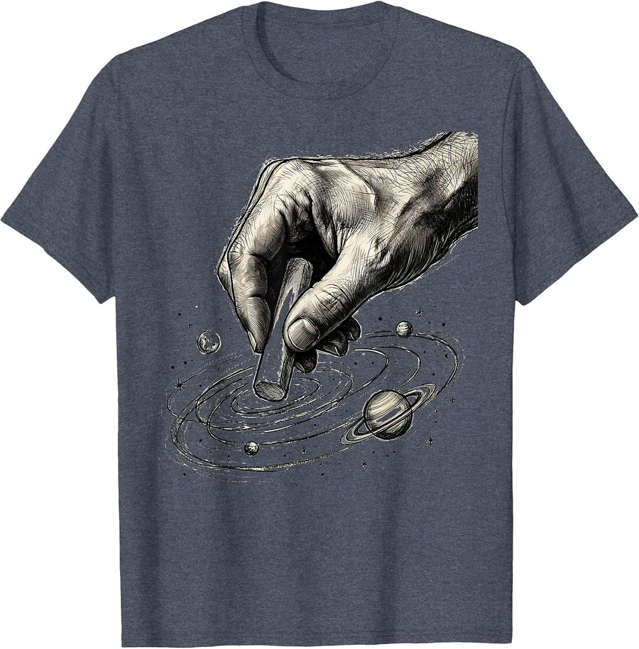 Hand Chalk Drawing Solar System Teacher Design T-Shirt - Heather Blue